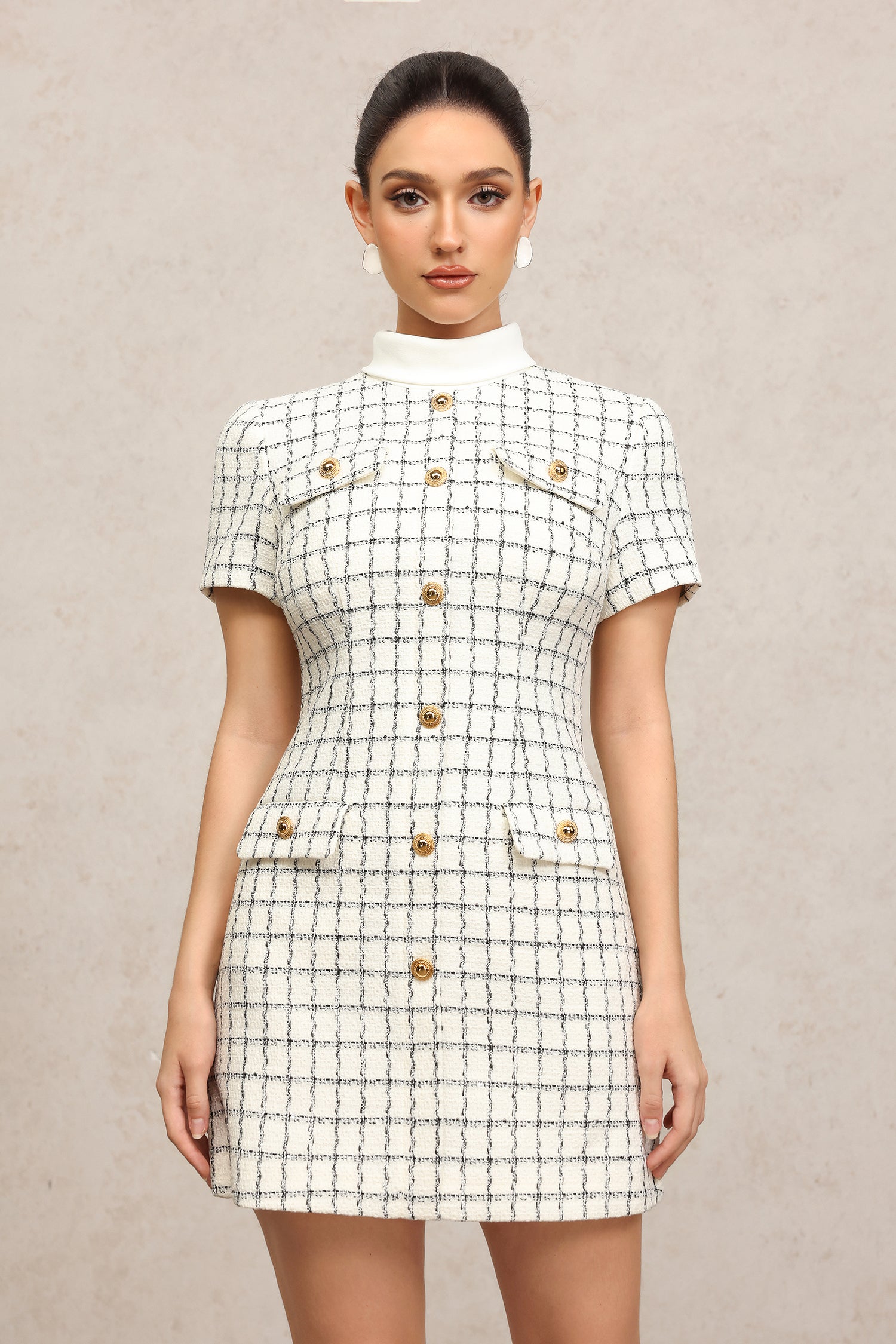 Slare Short Sleeves Houndstooth Mini Dress