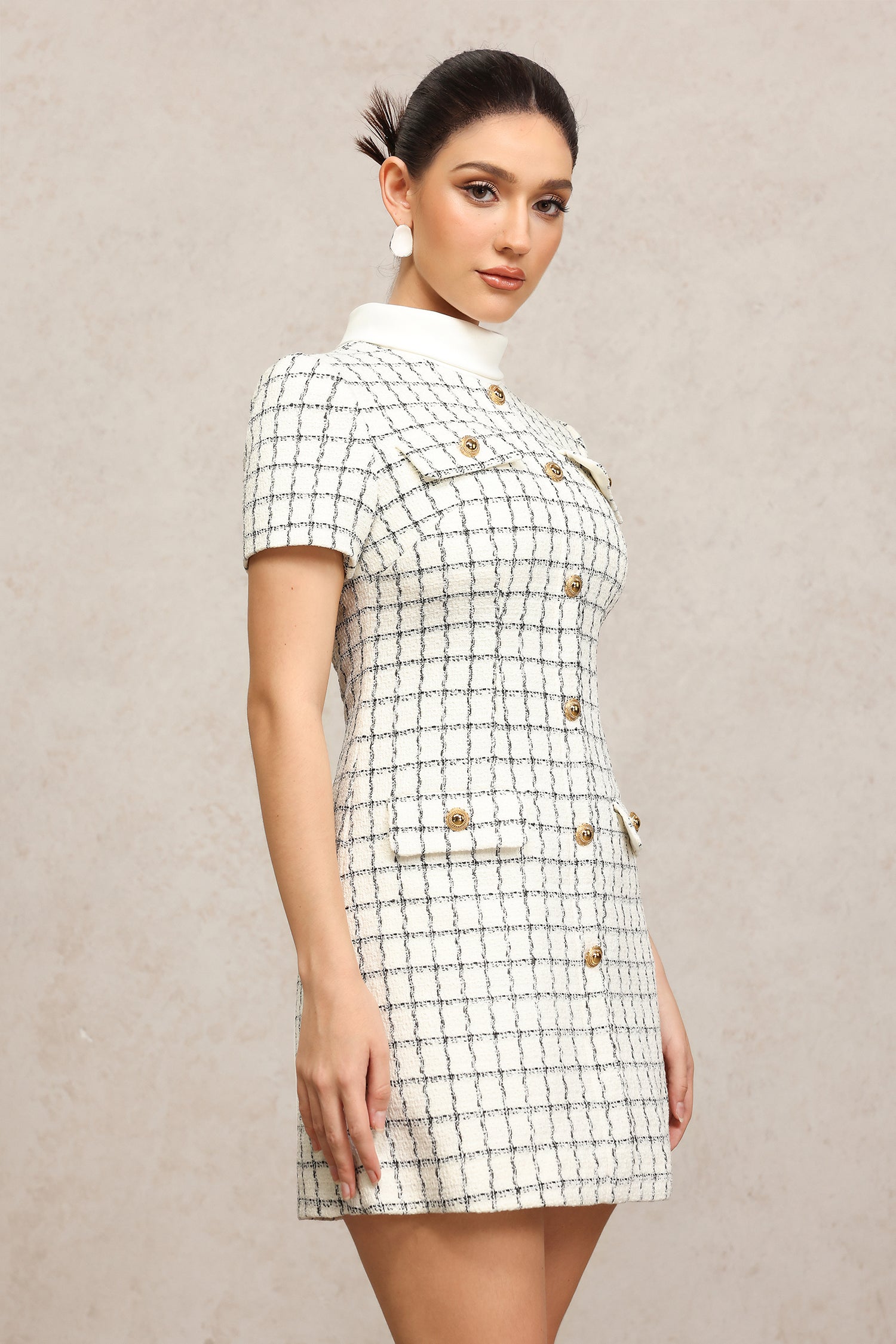 Slare Short Sleeves Houndstooth Mini Dress