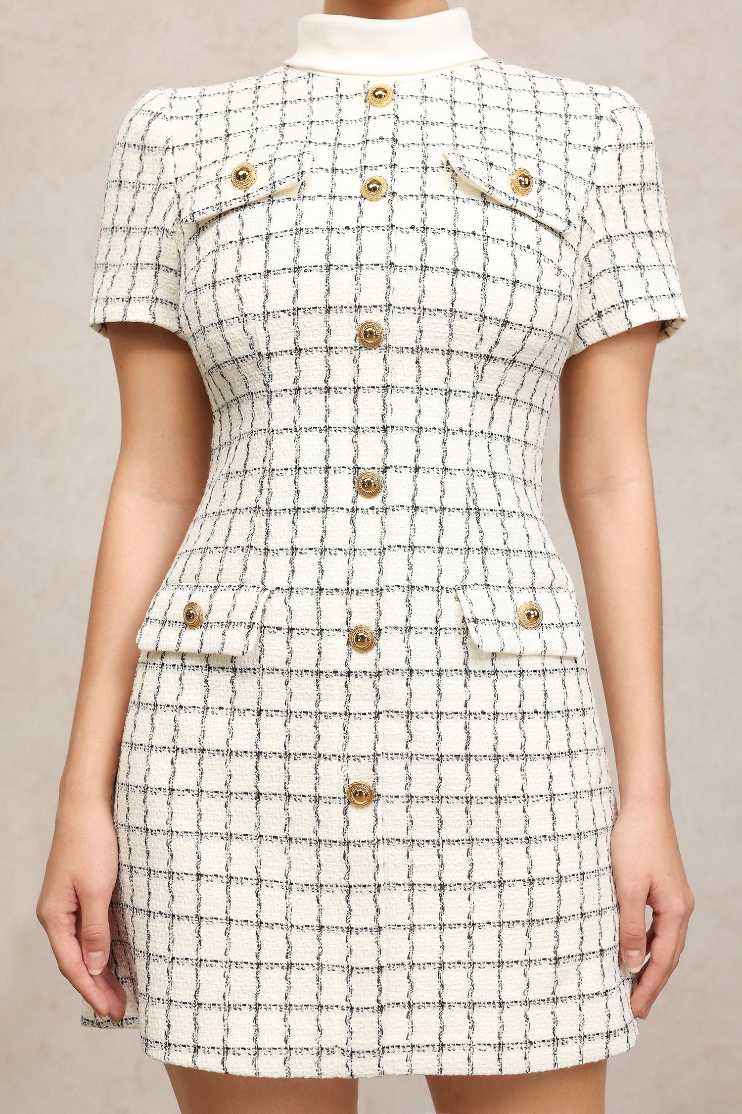 Slare Short Sleeves Houndstooth Mini Dress