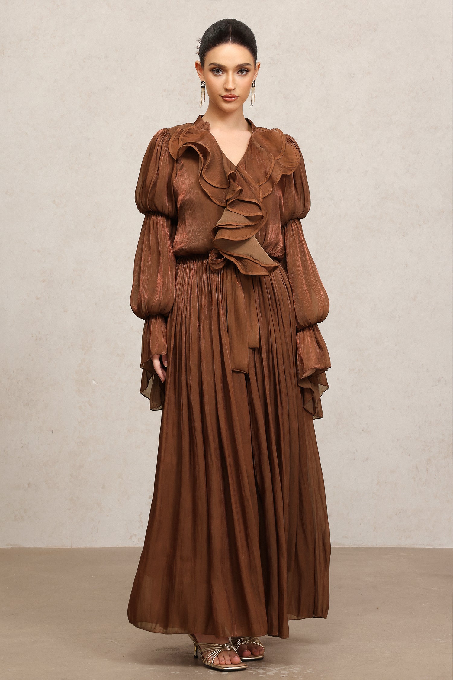 Ona Long Sleeves Folds Brown Maxi Dress