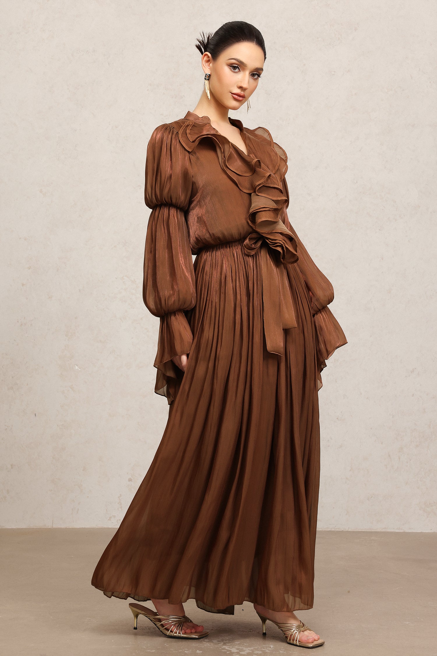Ona Long Sleeves Folds Brown Maxi Dress