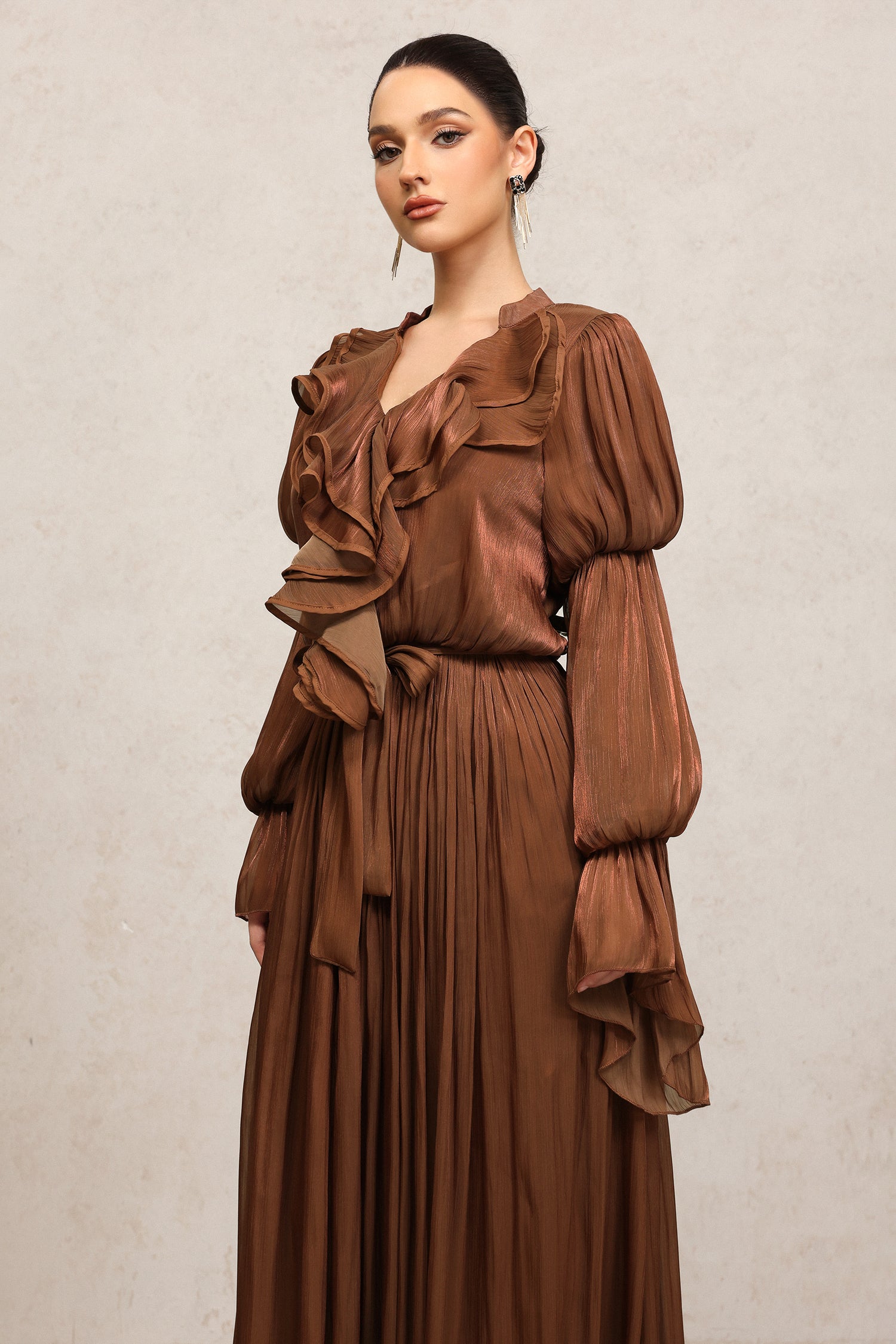 Ona Long Sleeves Folds Brown Maxi Dress