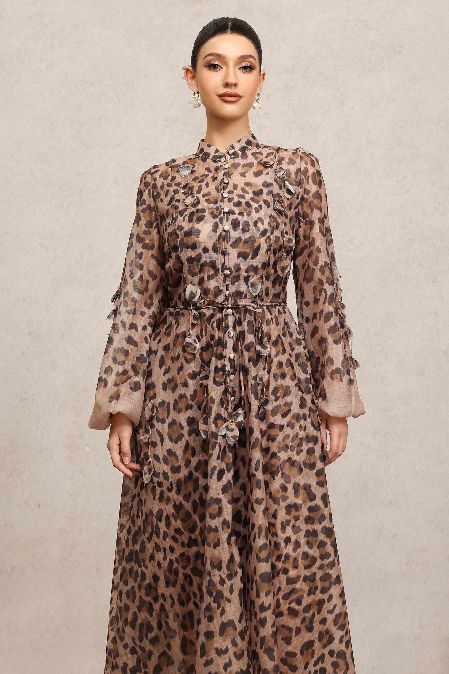 Myra Round Neck Long Sleeves Leopard Print Maxi Dress
