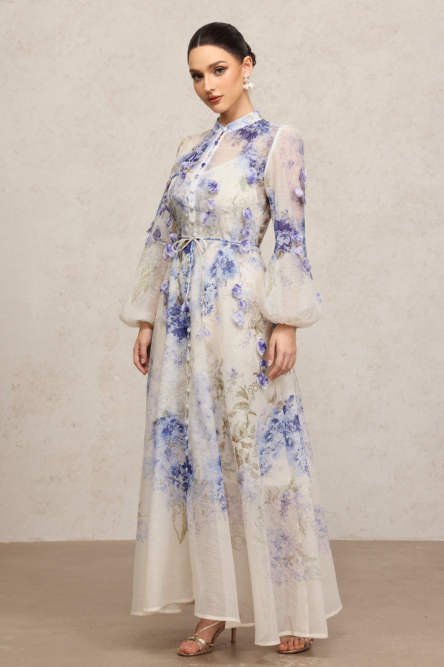 Edmonia Round Neck Long Sleeves Floral Printed Maxi Dress
