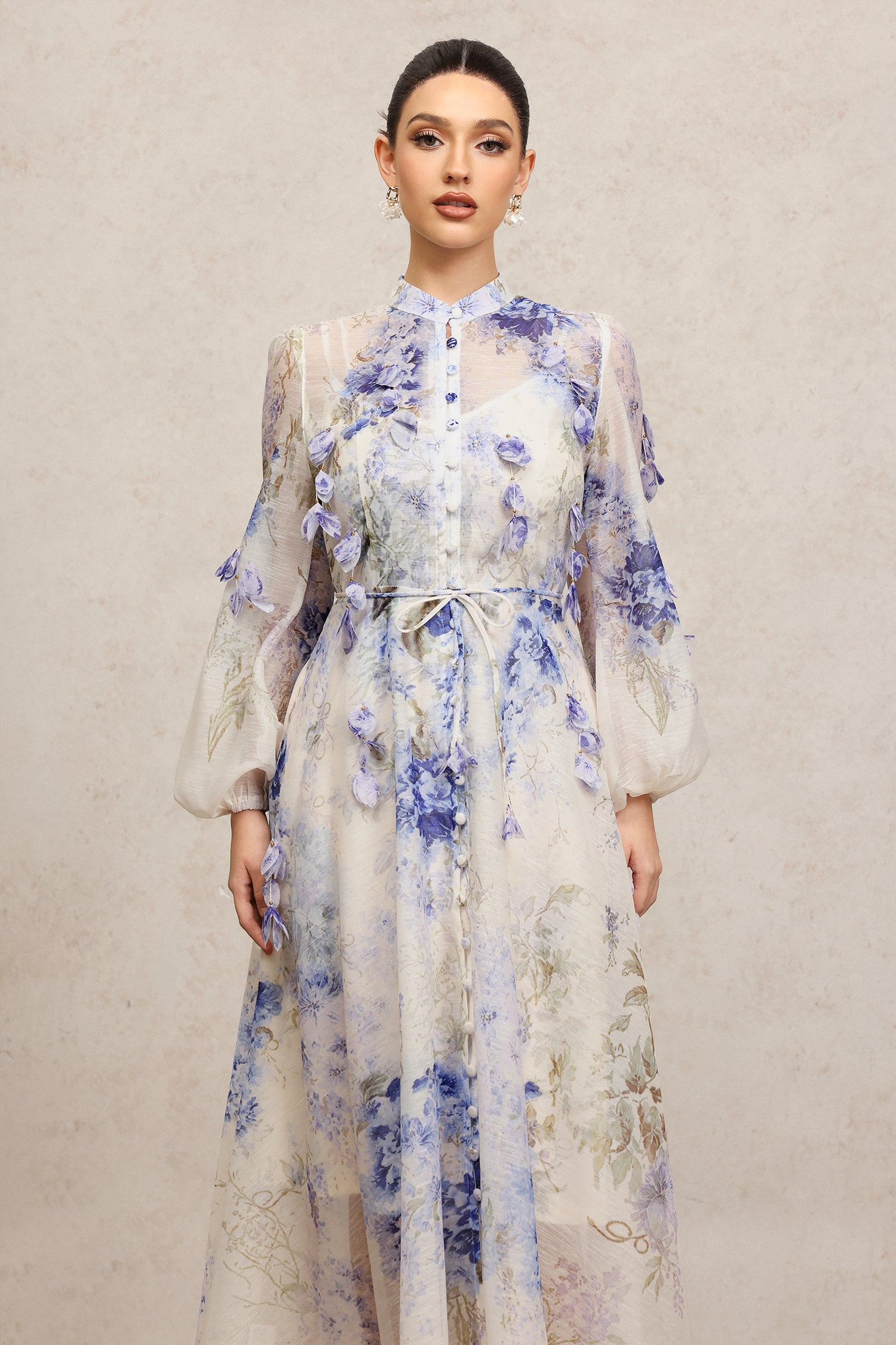 Edmonia Round Neck Long Sleeves Floral Printed Maxi Dress