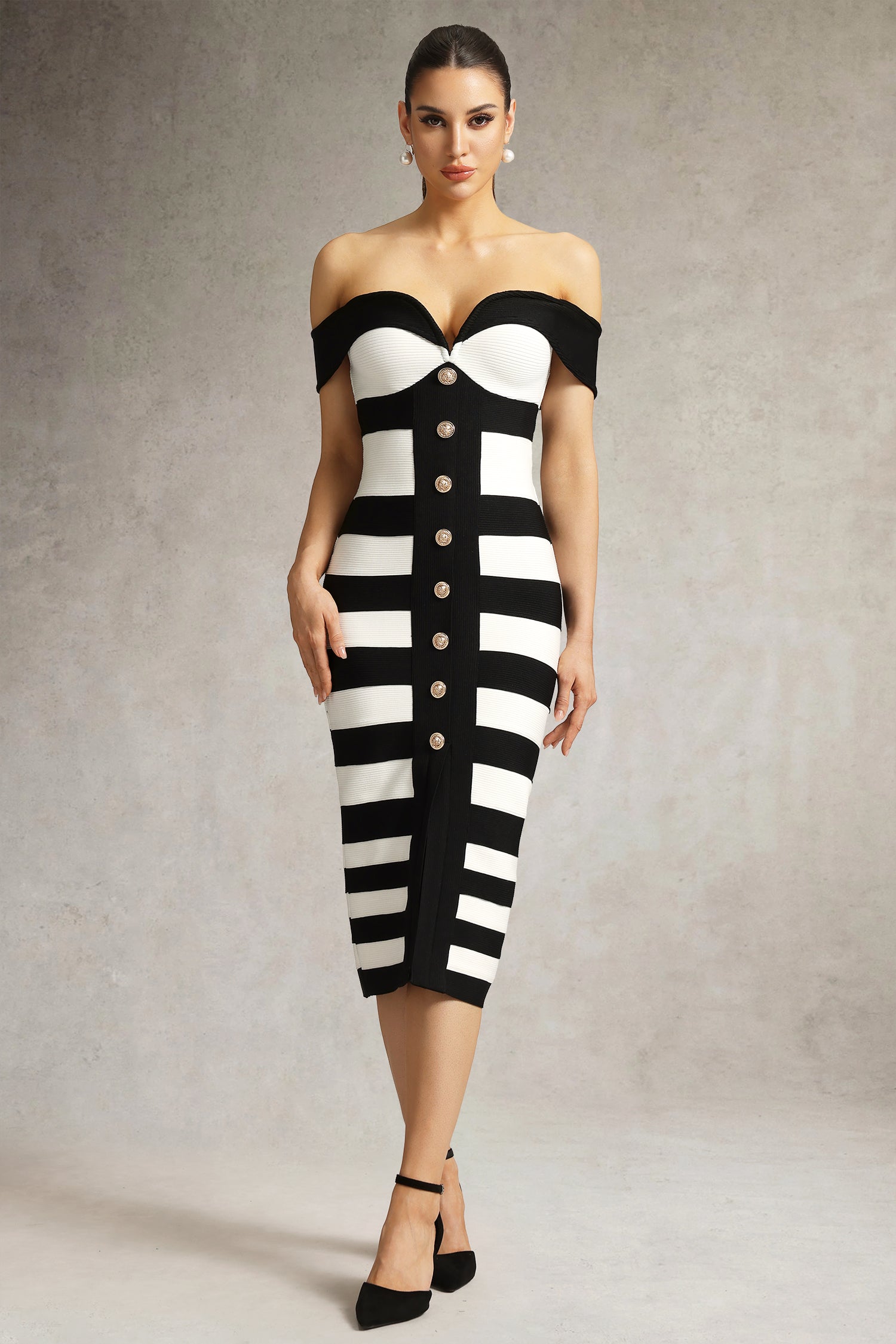 Korasa Off Shoulder Symmetrical Stripe Bandage Midi Dress