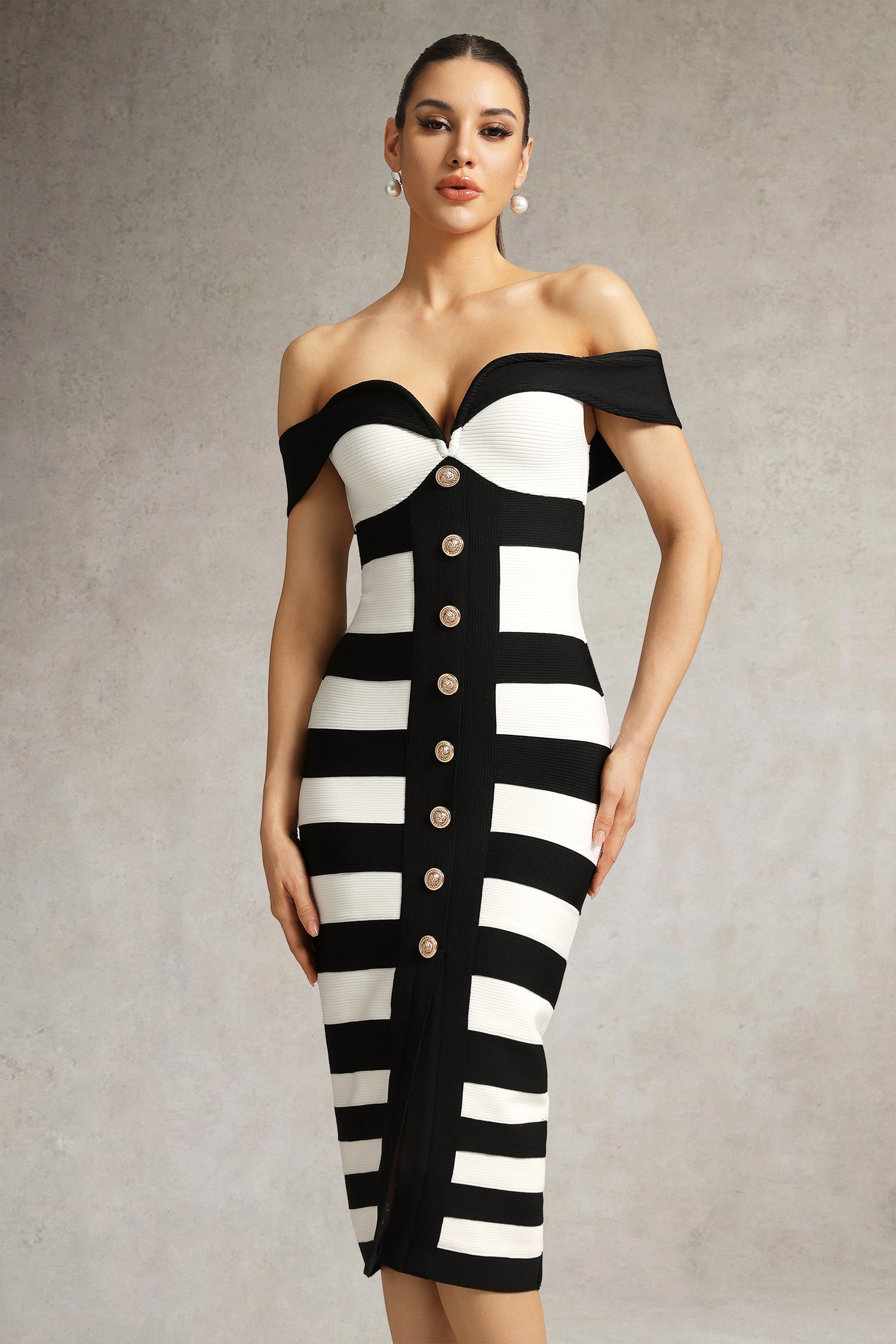 Korasa Off Shoulder Symmetrical Stripe Bandage Midi Dress