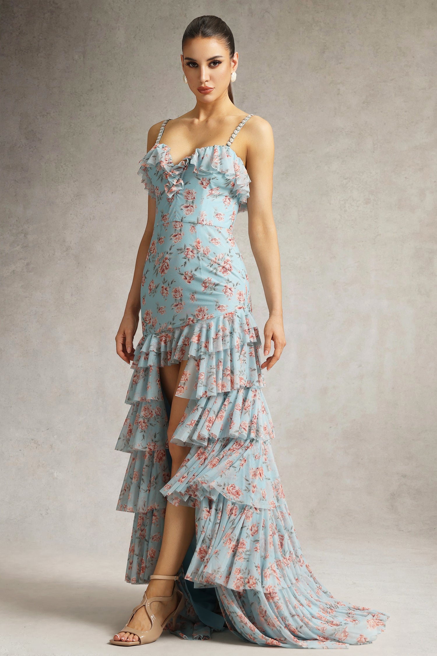 Haliy Floral Print Ruffle Maxi Dress