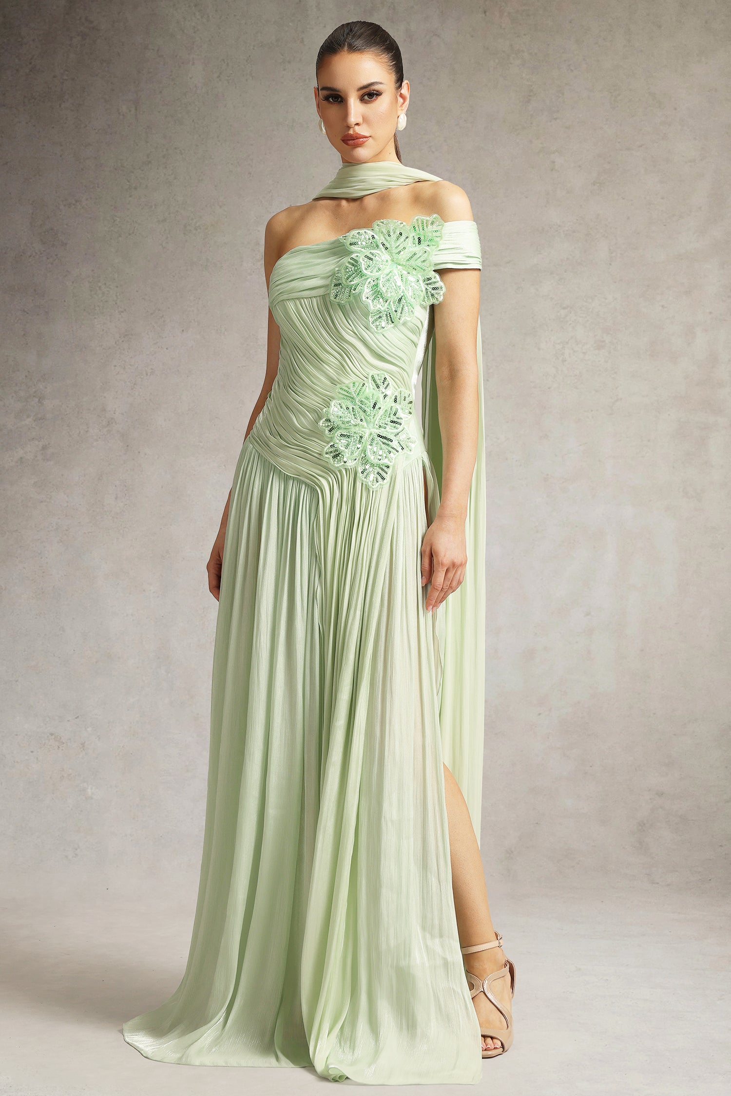 Mellies One Shoulder Floral Ruched High Slit Maxi Dress