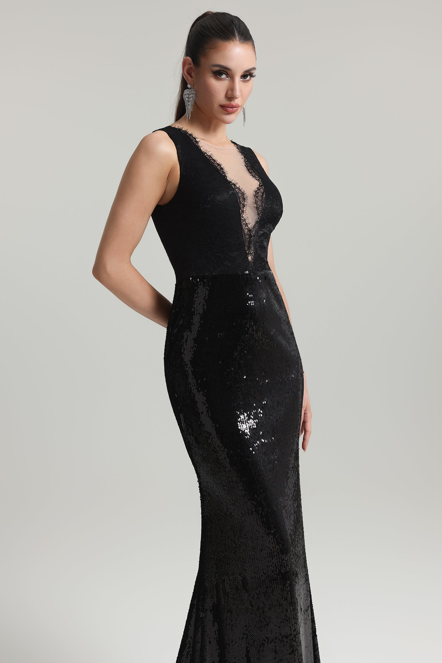 Kerry Lace Deep V Sequin Maxi Dress