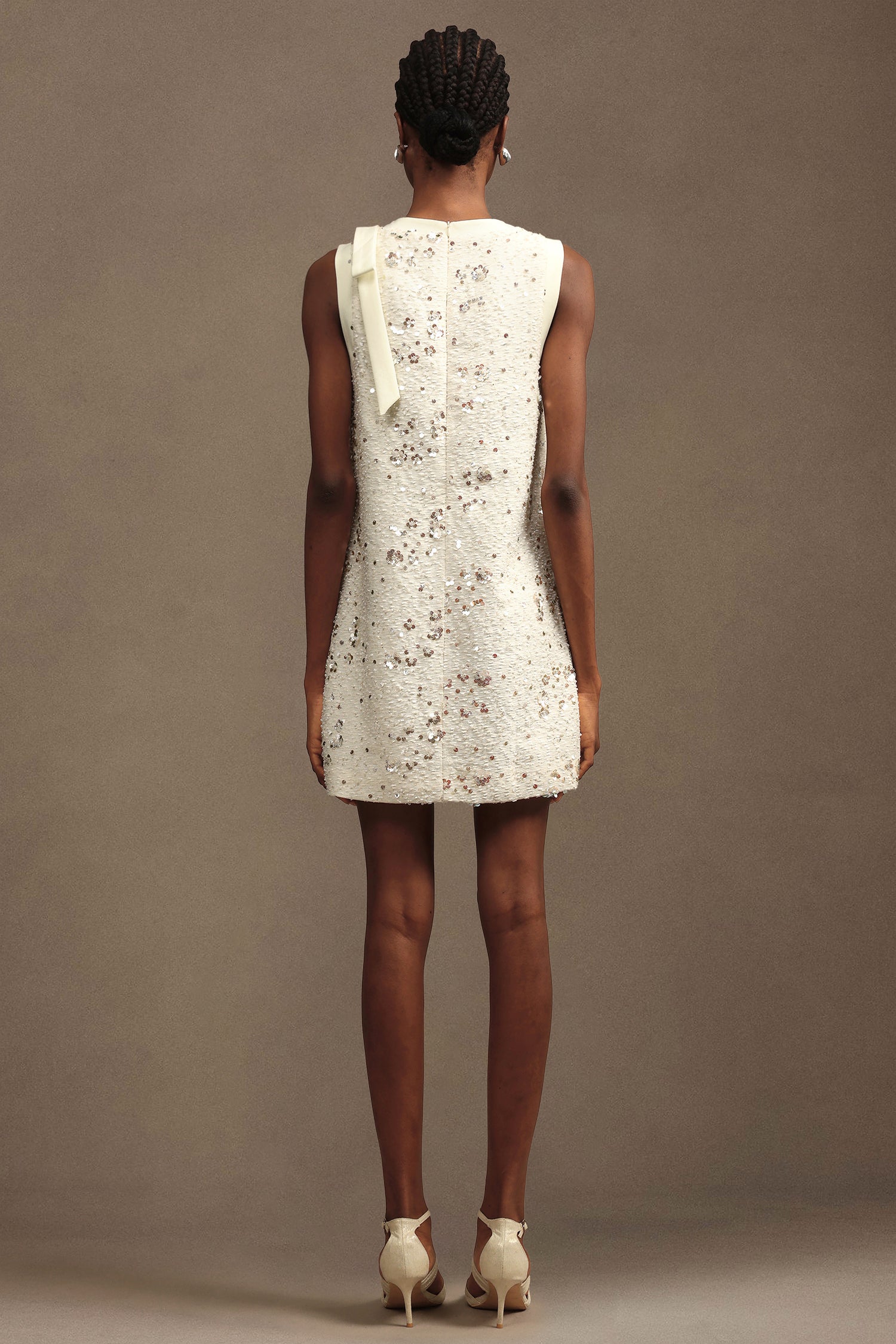 Prunella Elegant Tailored Round Neck Sleeveless Sequin Woven White Mini Dress