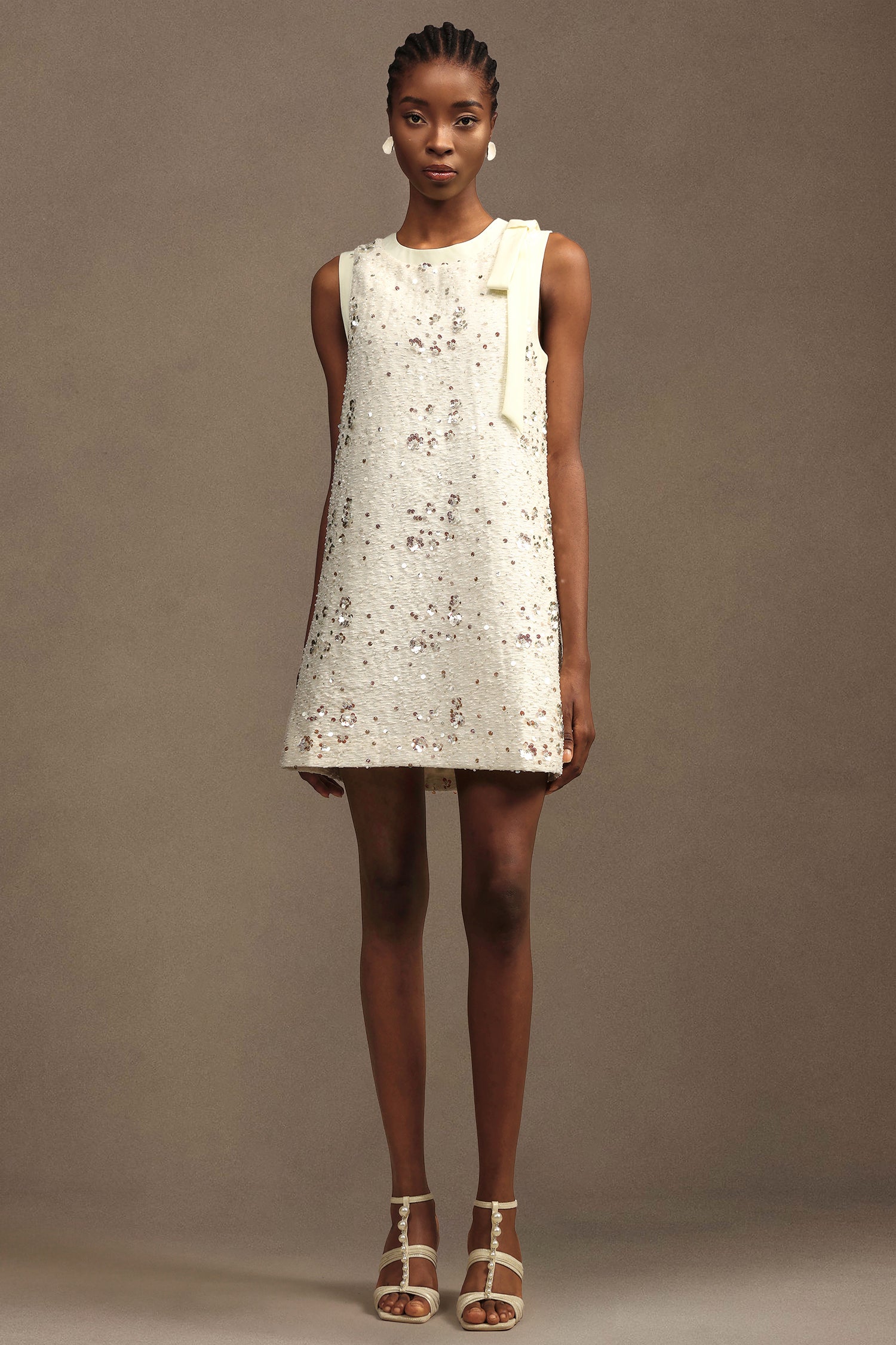 Prunella Elegant Tailored Round Neck Sleeveless Sequin Woven White Mini Dress