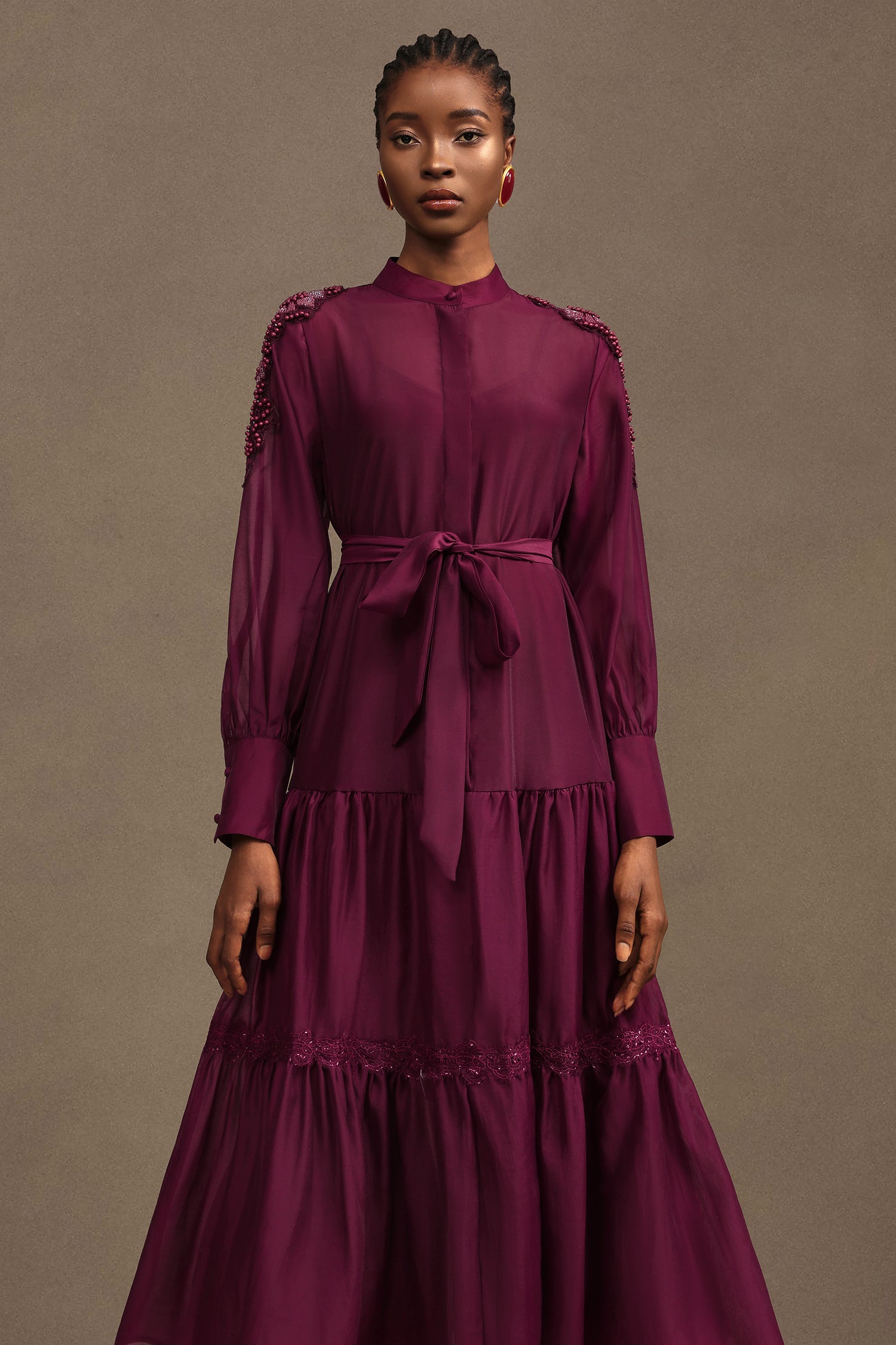 Teela Resort Flowy Long Sleeve Chiffon Red Maxi Dress