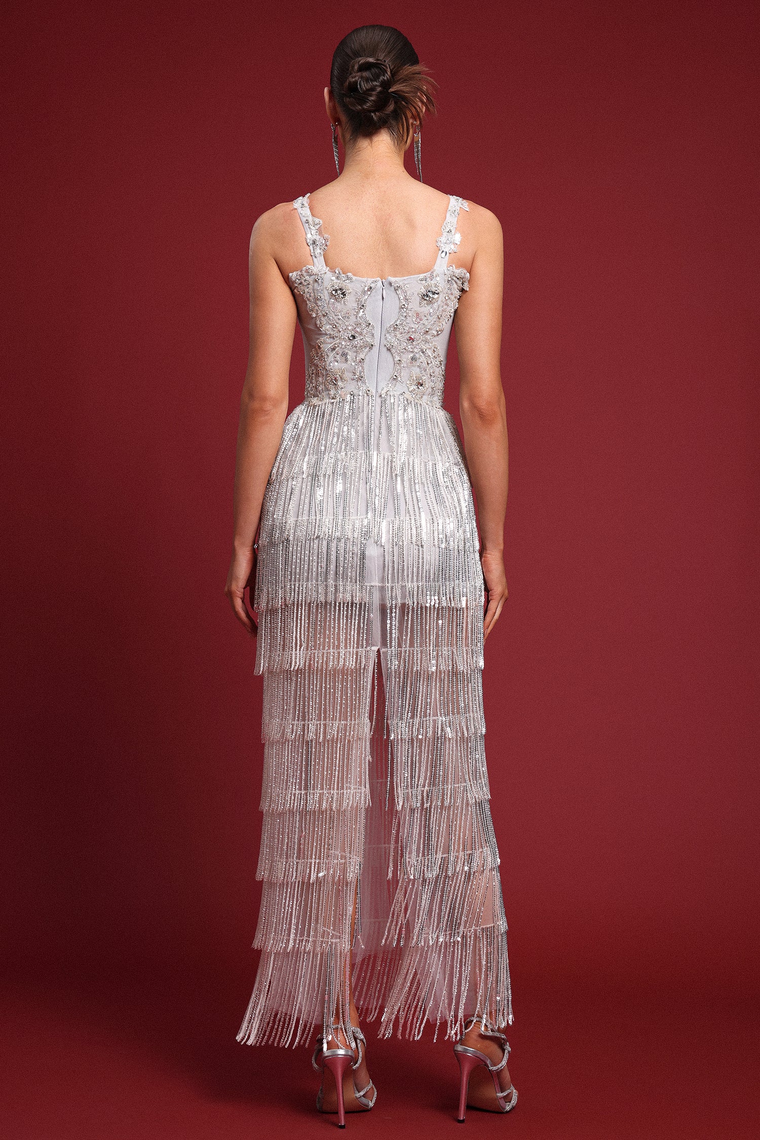 Zada Glamourous Embellished Crystal Fringe Maxi Dress