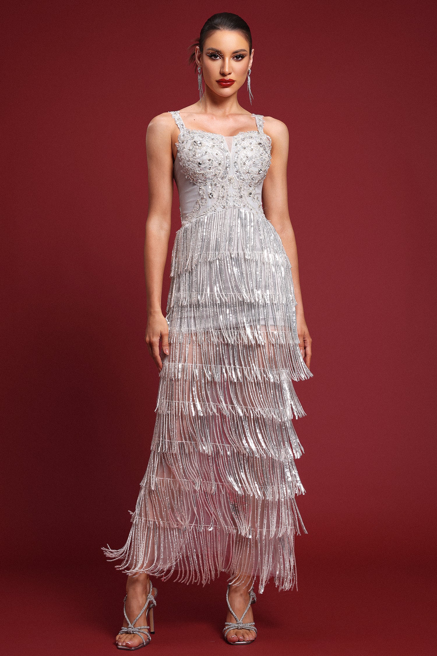 Zada Glamourous Embellished Crystal Fringe Maxi Dress