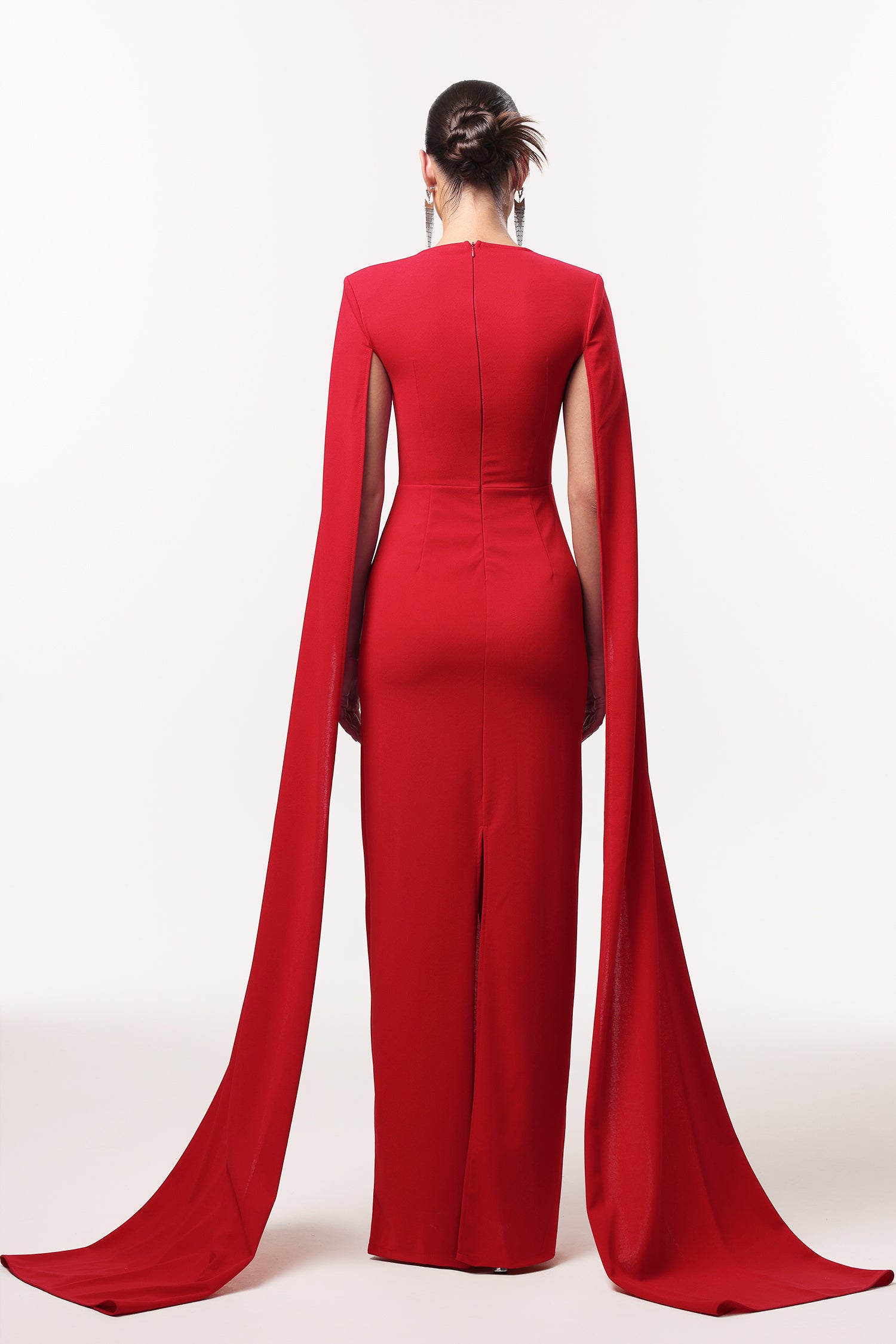 Iunne Elegant Tailored Cape Sleeve Rhinestone Woven Maxi Dress