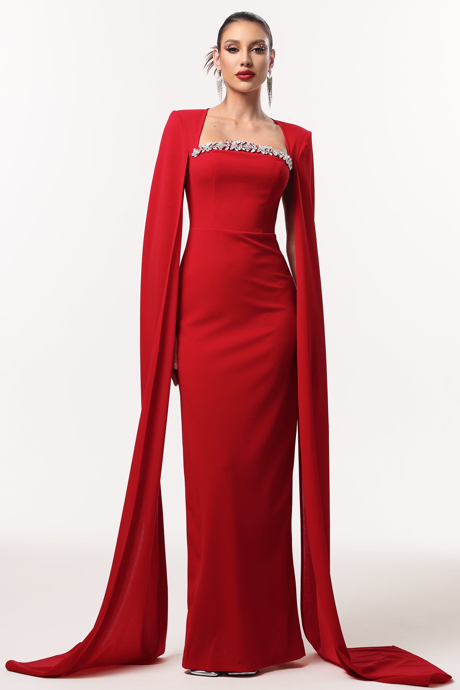 Iunne Elegant Tailored Cape Sleeve Rhinestone Woven Maxi Dress