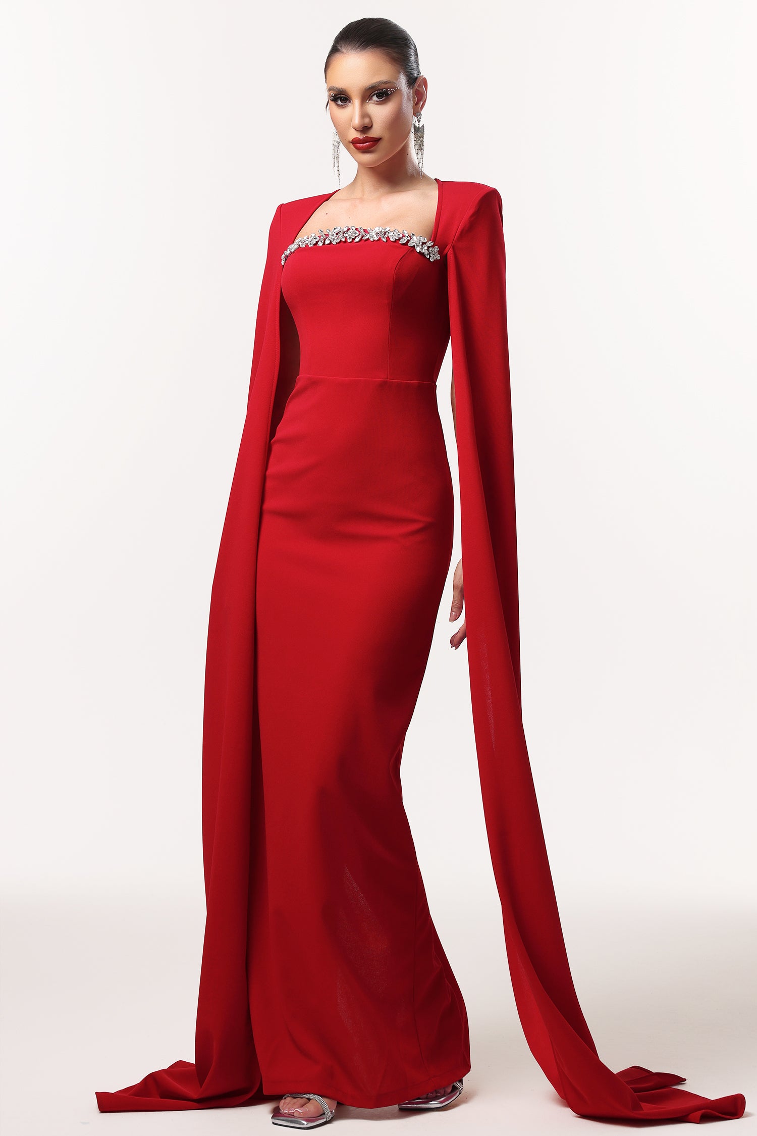 Iunne Elegant Tailored Cape Sleeve Rhinestone Woven Maxi Dress