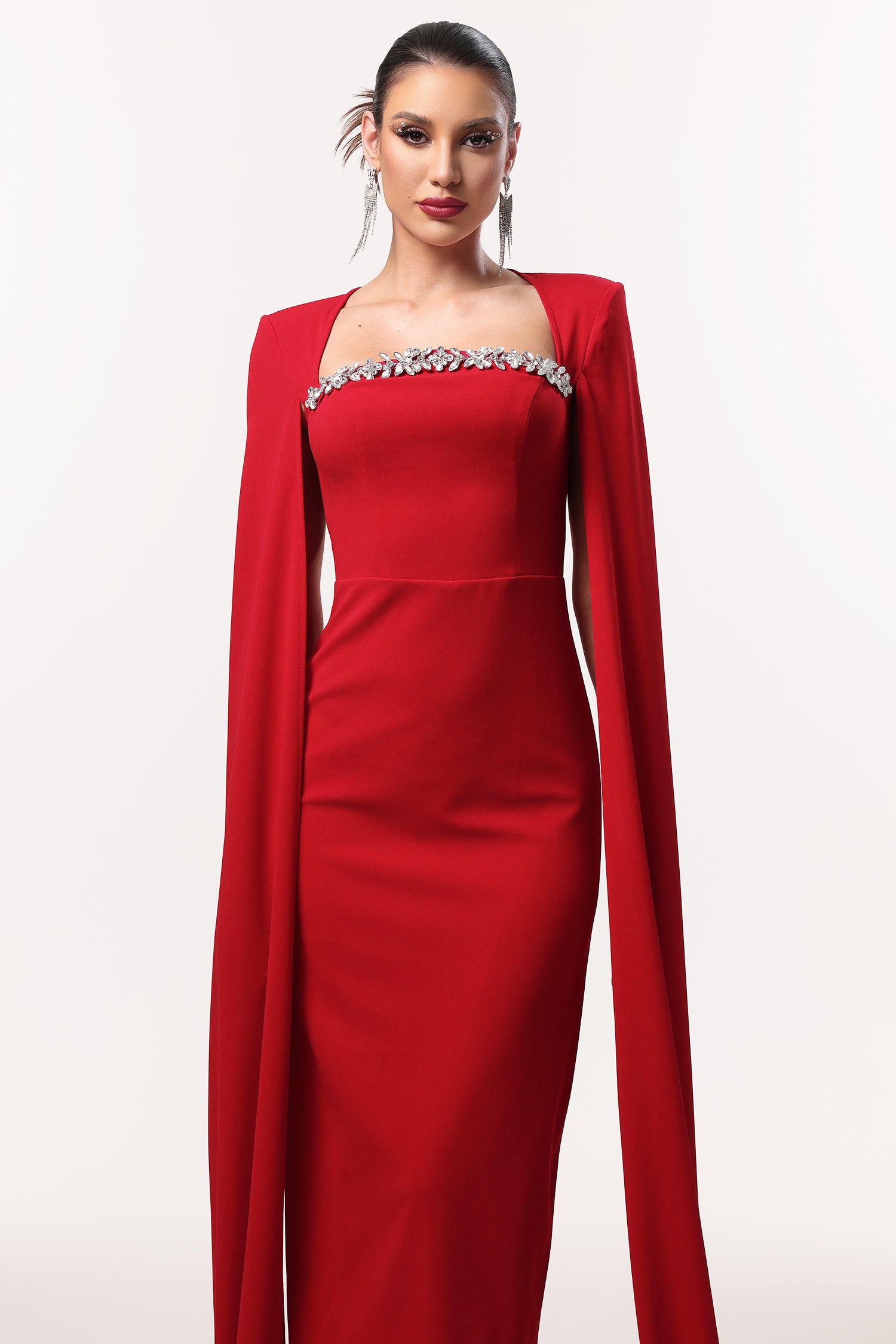 Iunne Elegant Tailored Cape Sleeve Rhinestone Woven Maxi Dress