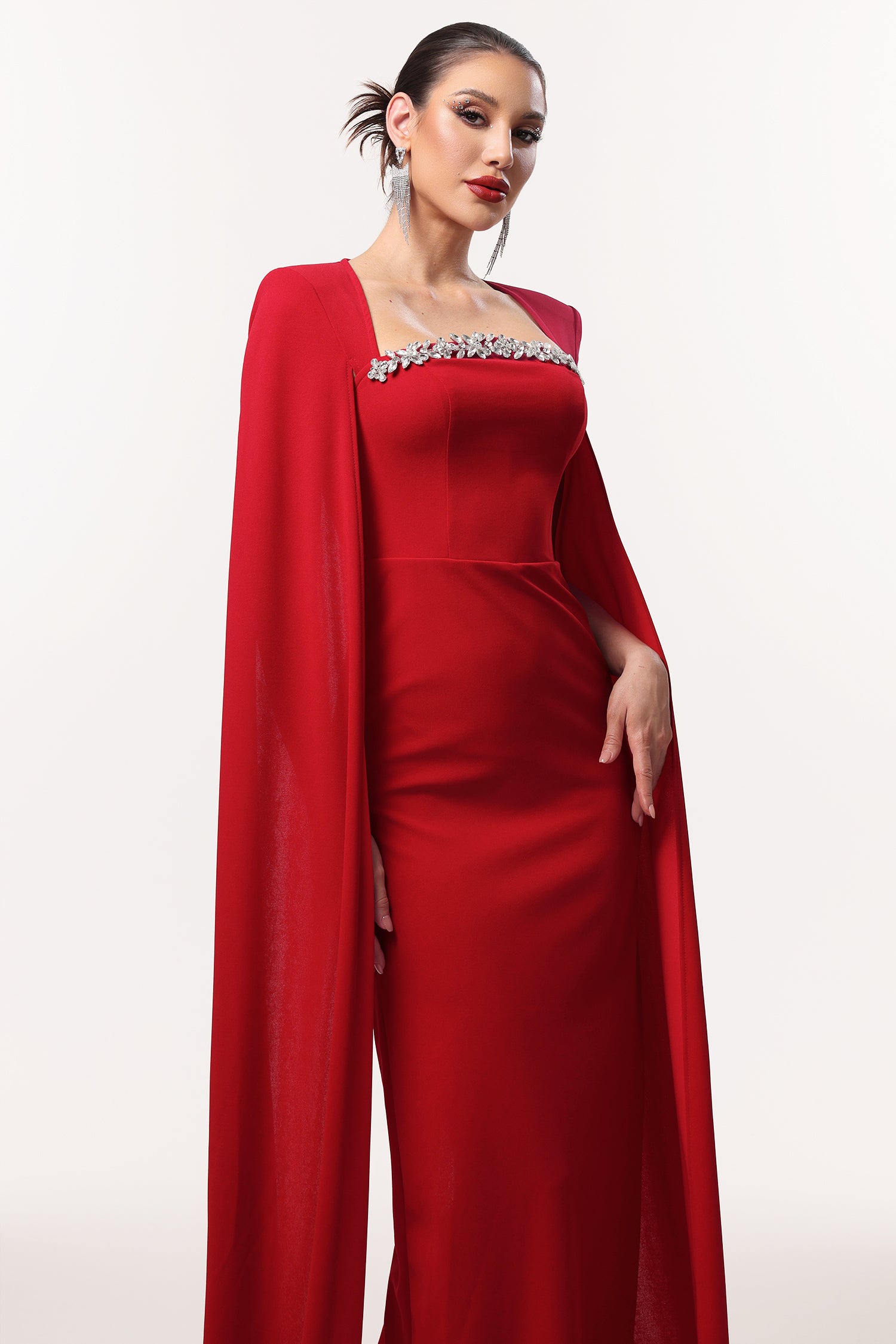 Iunne Elegant Tailored Cape Sleeve Rhinestone Woven Maxi Dress