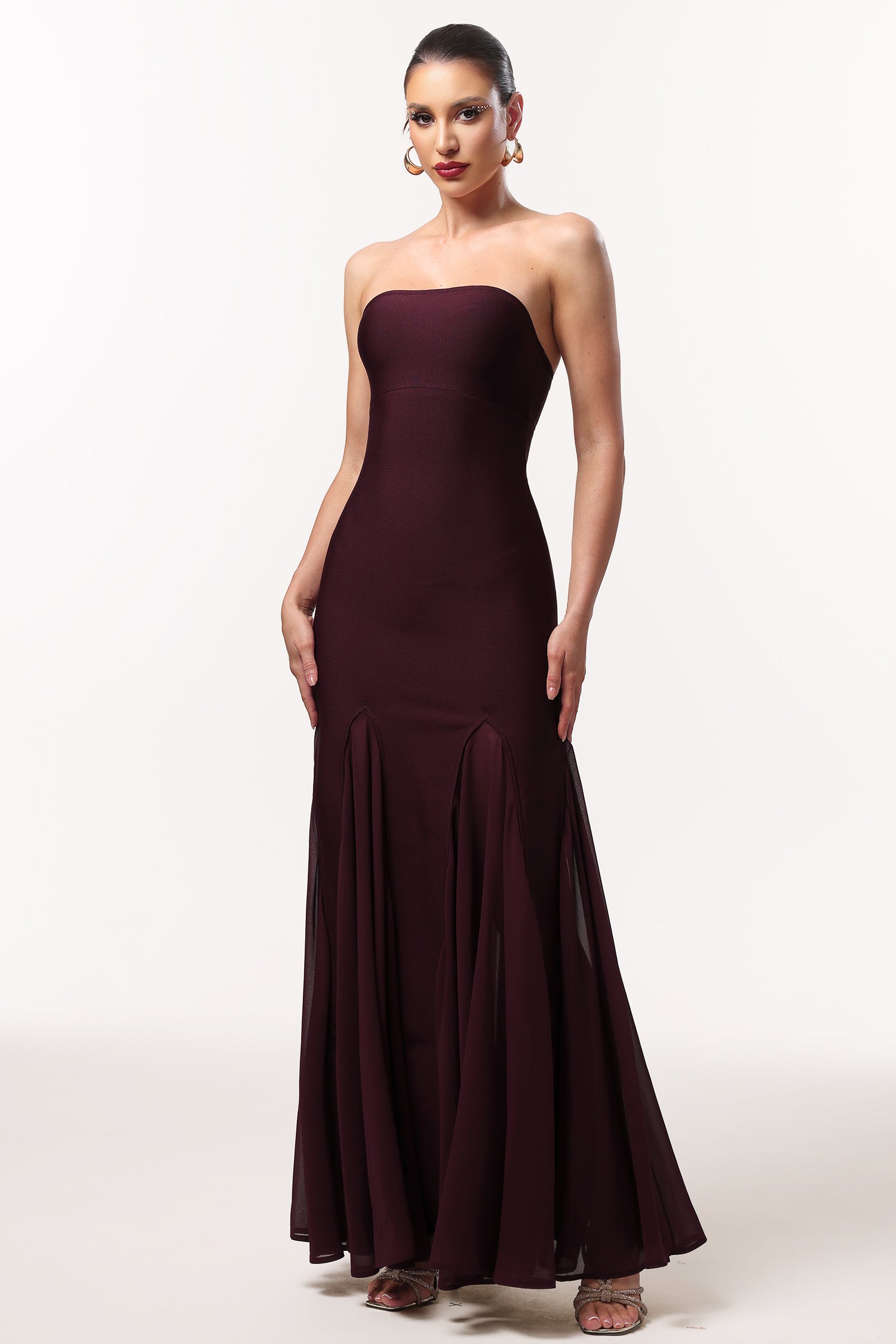 Dellis Elegant Contour Strapless Pleated Bandage Maxi Dress