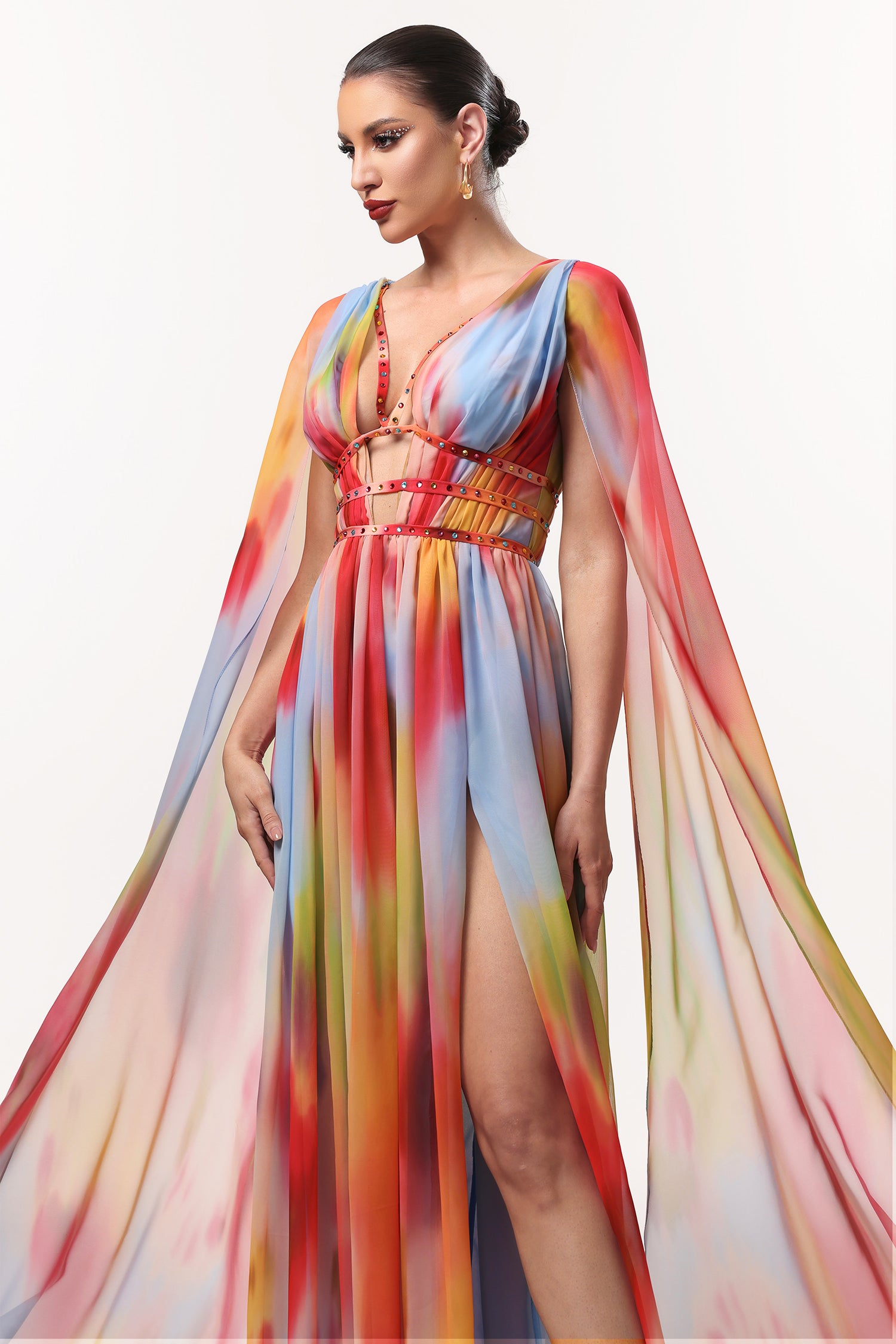Zelda Sexy Flowy V Neck Cape Sleeve Abstract Print Maxi Dress