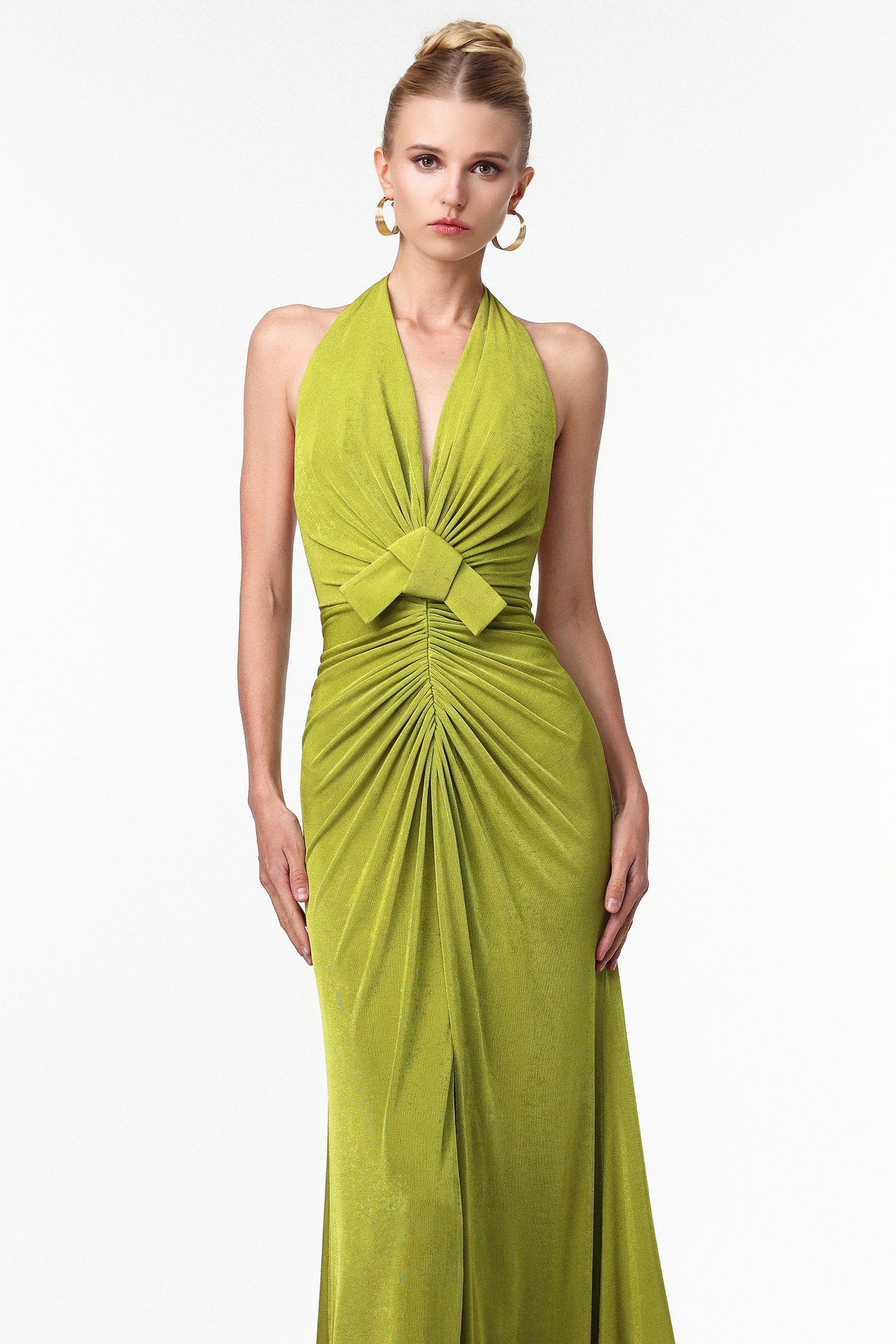 Jalila Sexy Contour V Neck Ruched Knot Slit Knit Maxi Dress