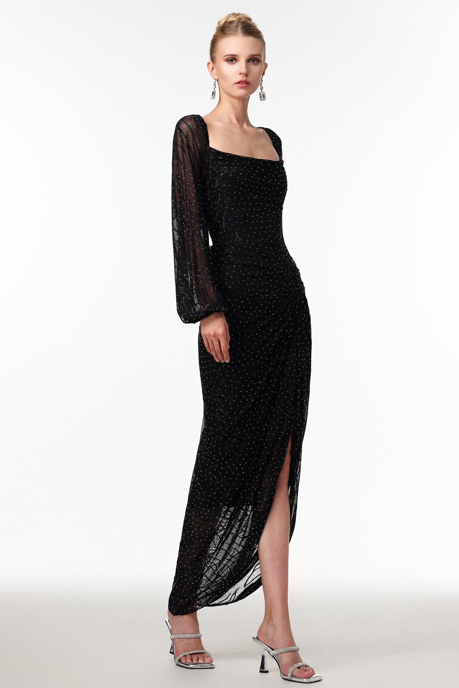 Ravaza Elegant Contour Ruched Crystal Maxi Dress