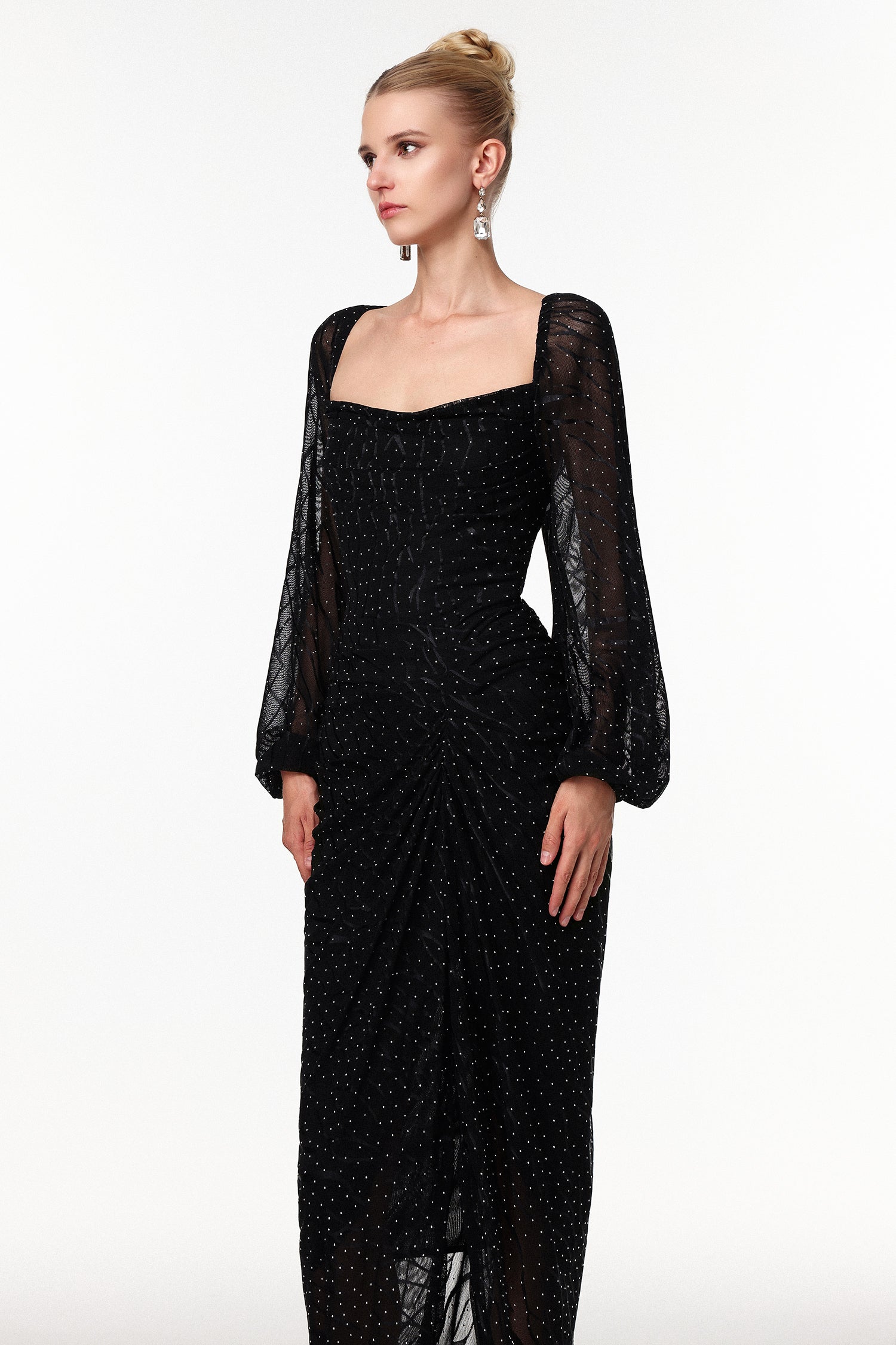 Ravaza Elegant Contour Ruched Crystal Maxi Dress