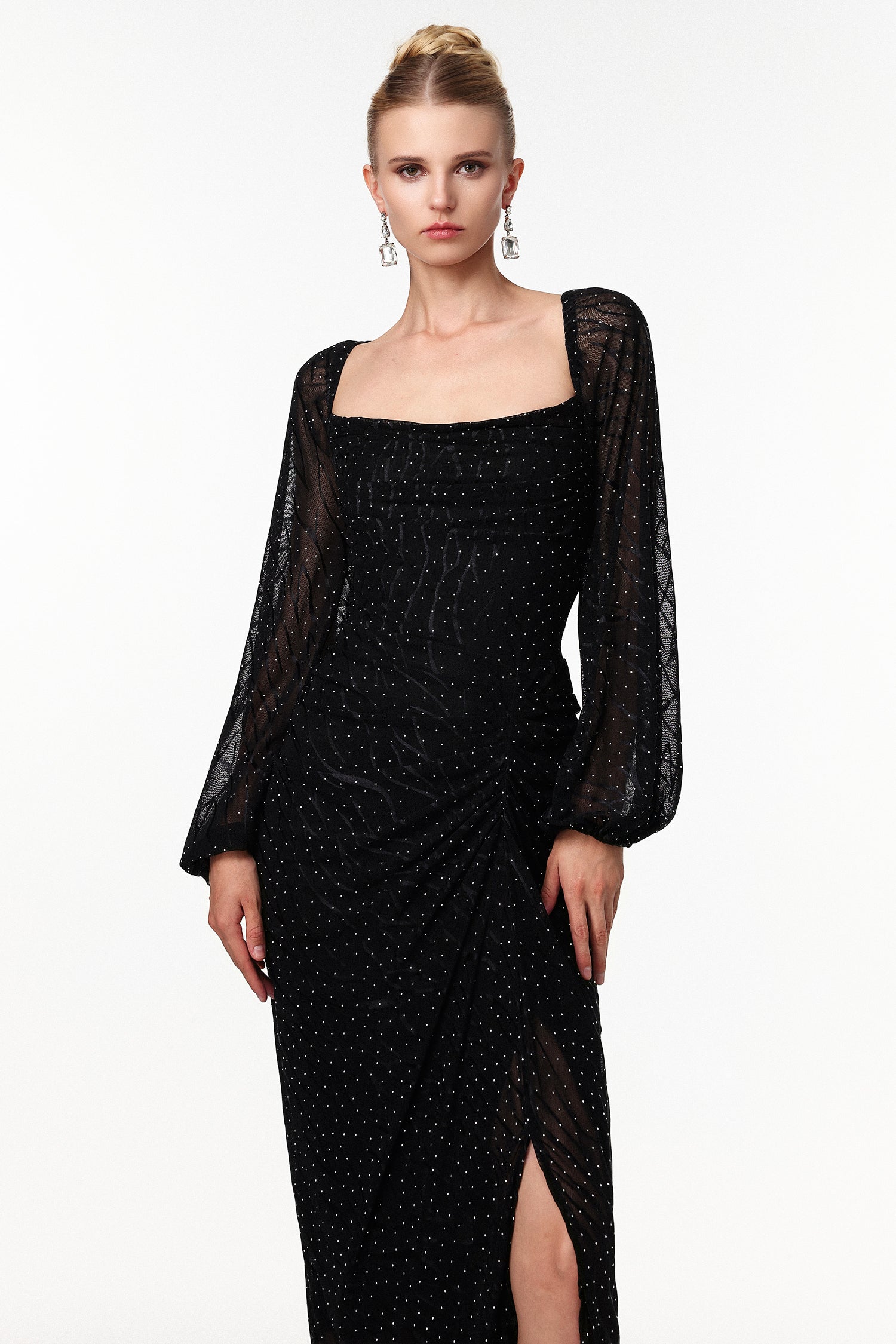 Ravaza Elegant Contour Ruched Crystal Maxi Dress