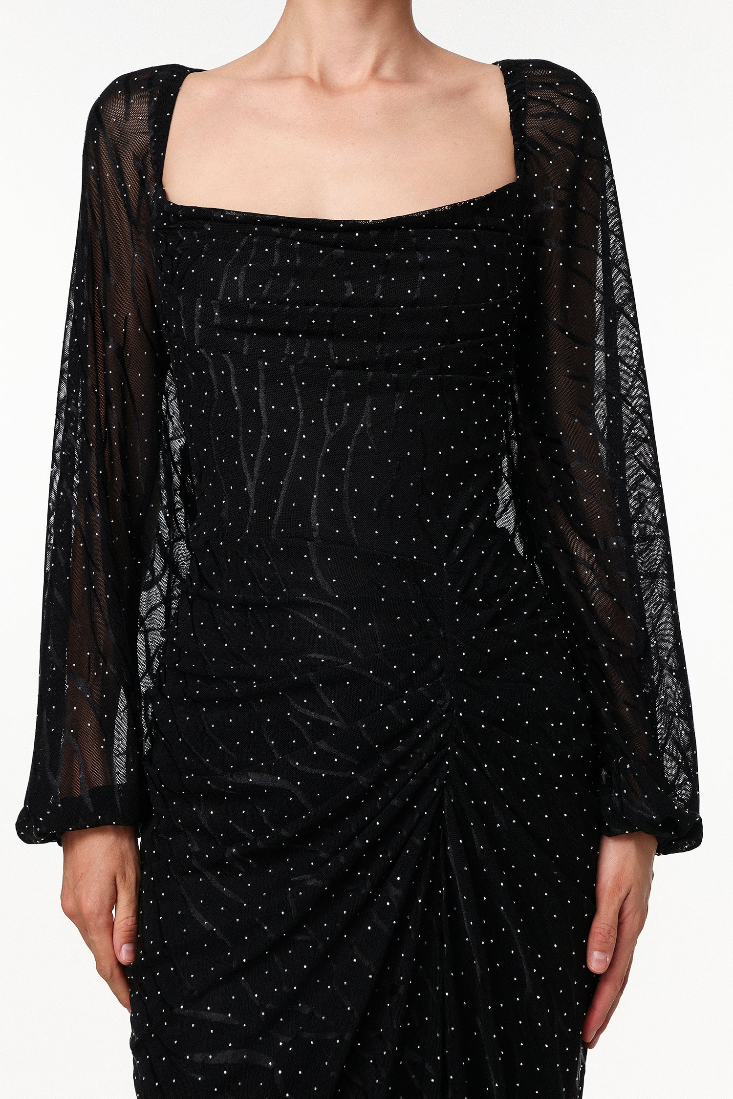 Ravaza Elegant Contour Ruched Crystal Maxi Dress