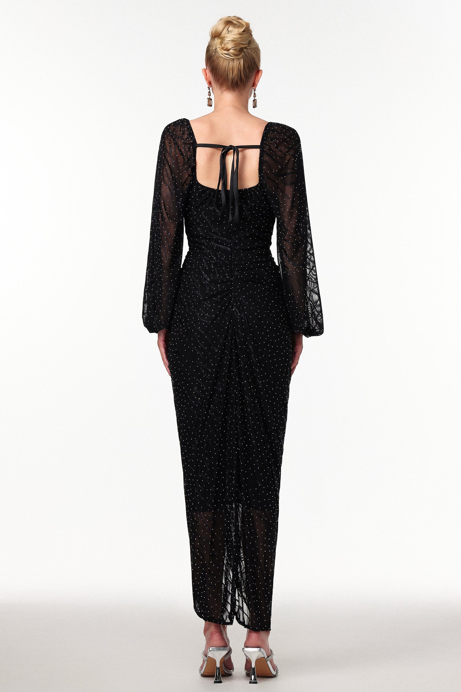 Ravaza Elegant Contour Ruched Crystal Maxi Dress