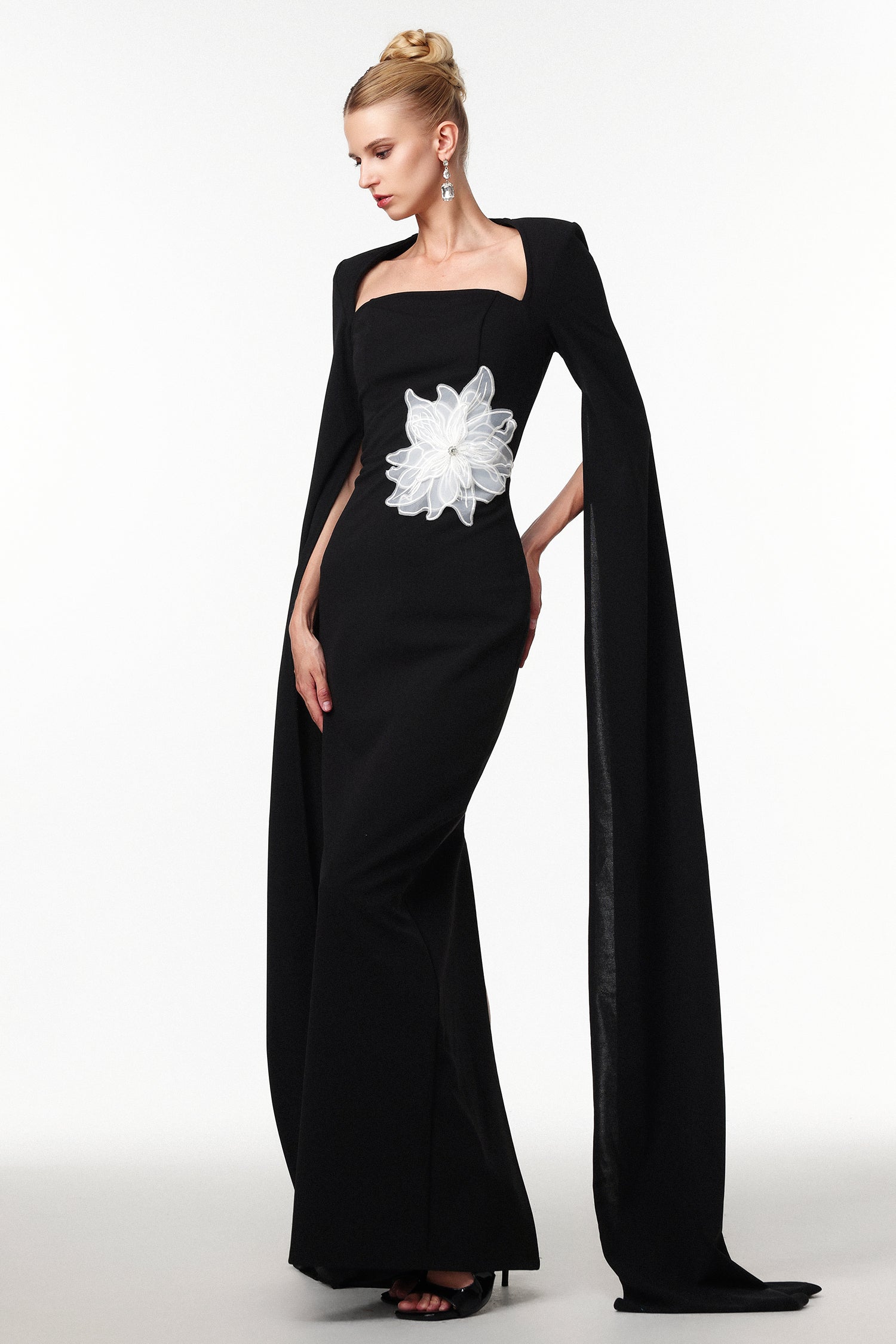 Pallas Elegant Tailored Cape Sleeve Floral Woven Maxi Dress