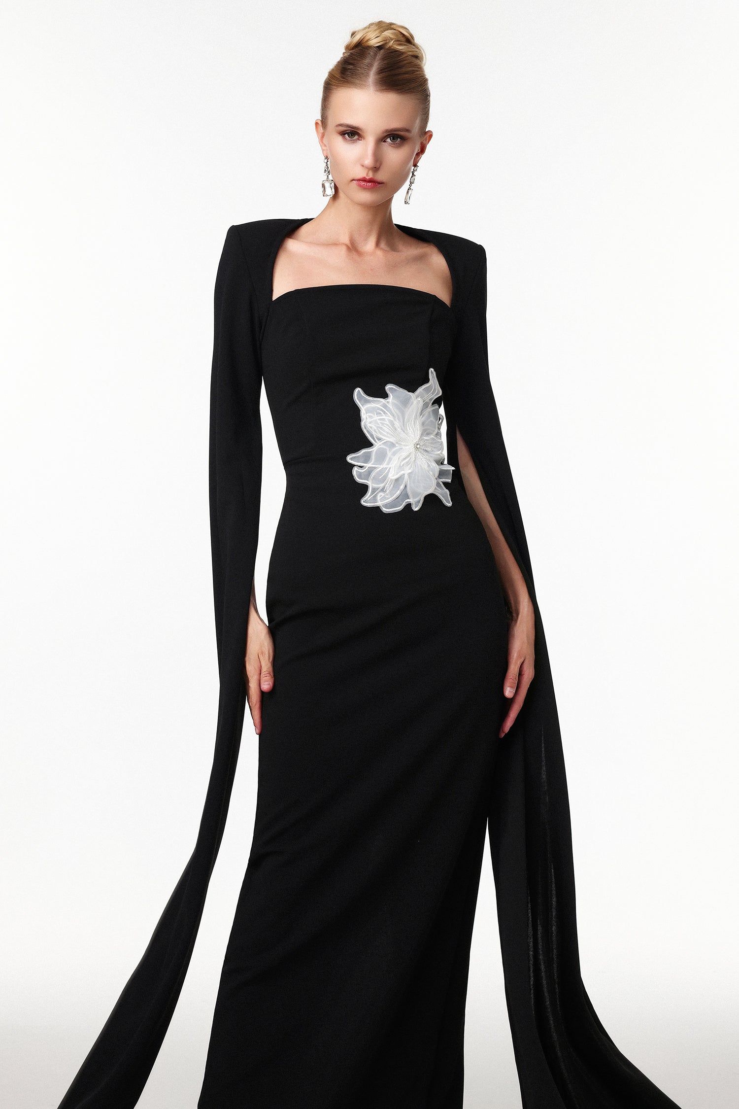 Pallas Elegant Tailored Cape Sleeve Floral Woven Maxi Dress