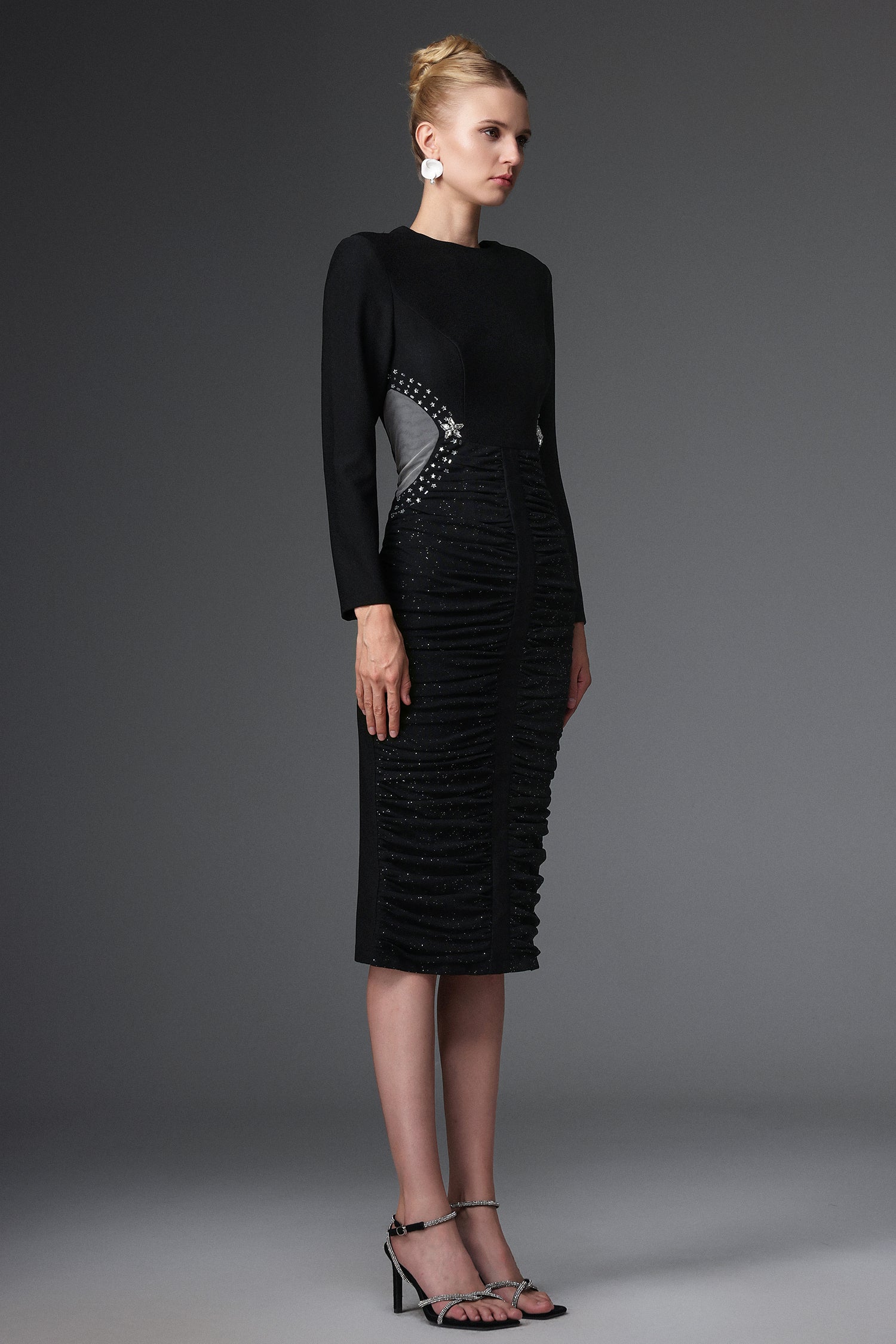 Starsha Elegant Contour Long Sleeve Ruched Sequin Maxi Dress