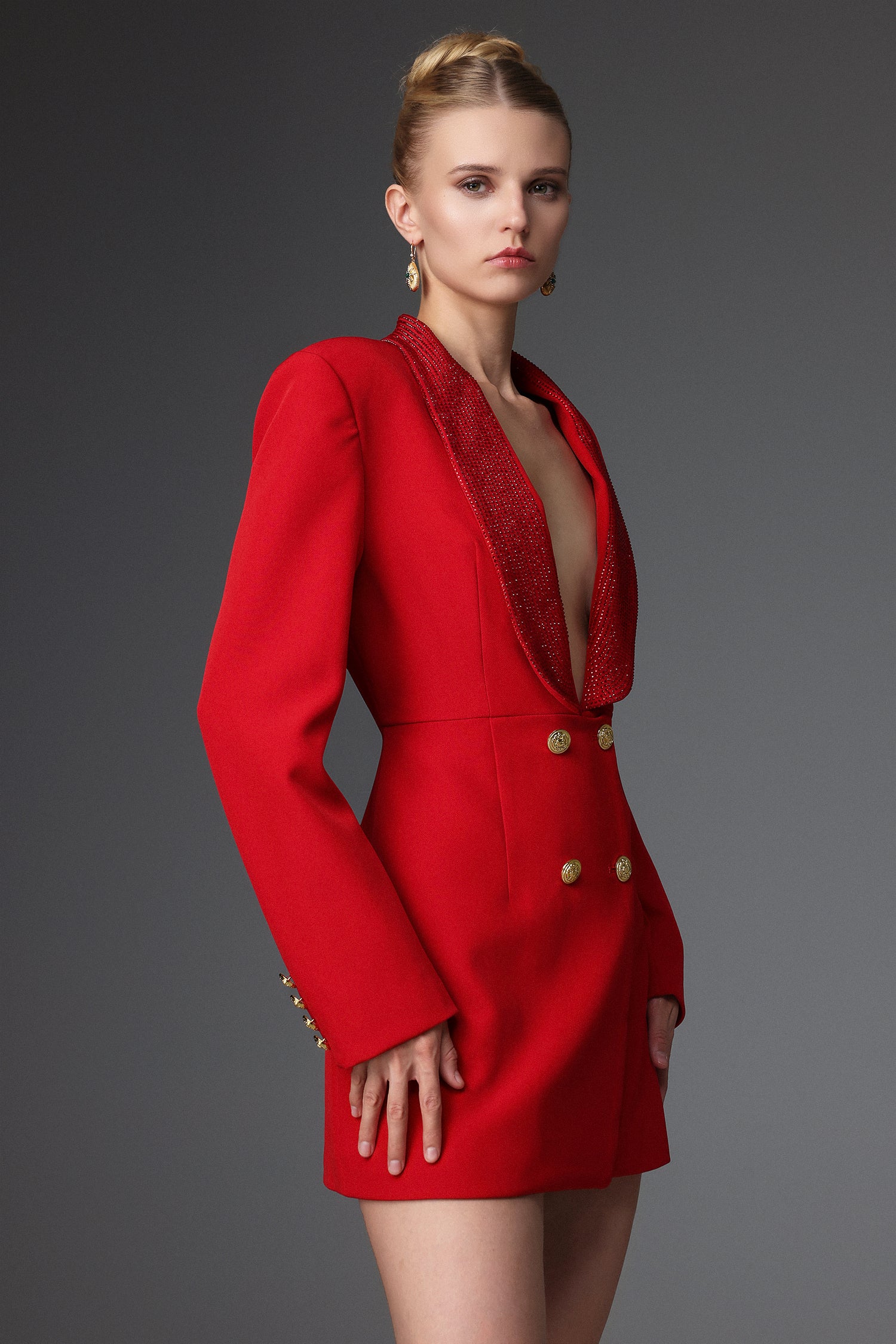 Rey Sexy Tailored Long Sleeve Deep V Rhinestone Lapel Blazer Dress