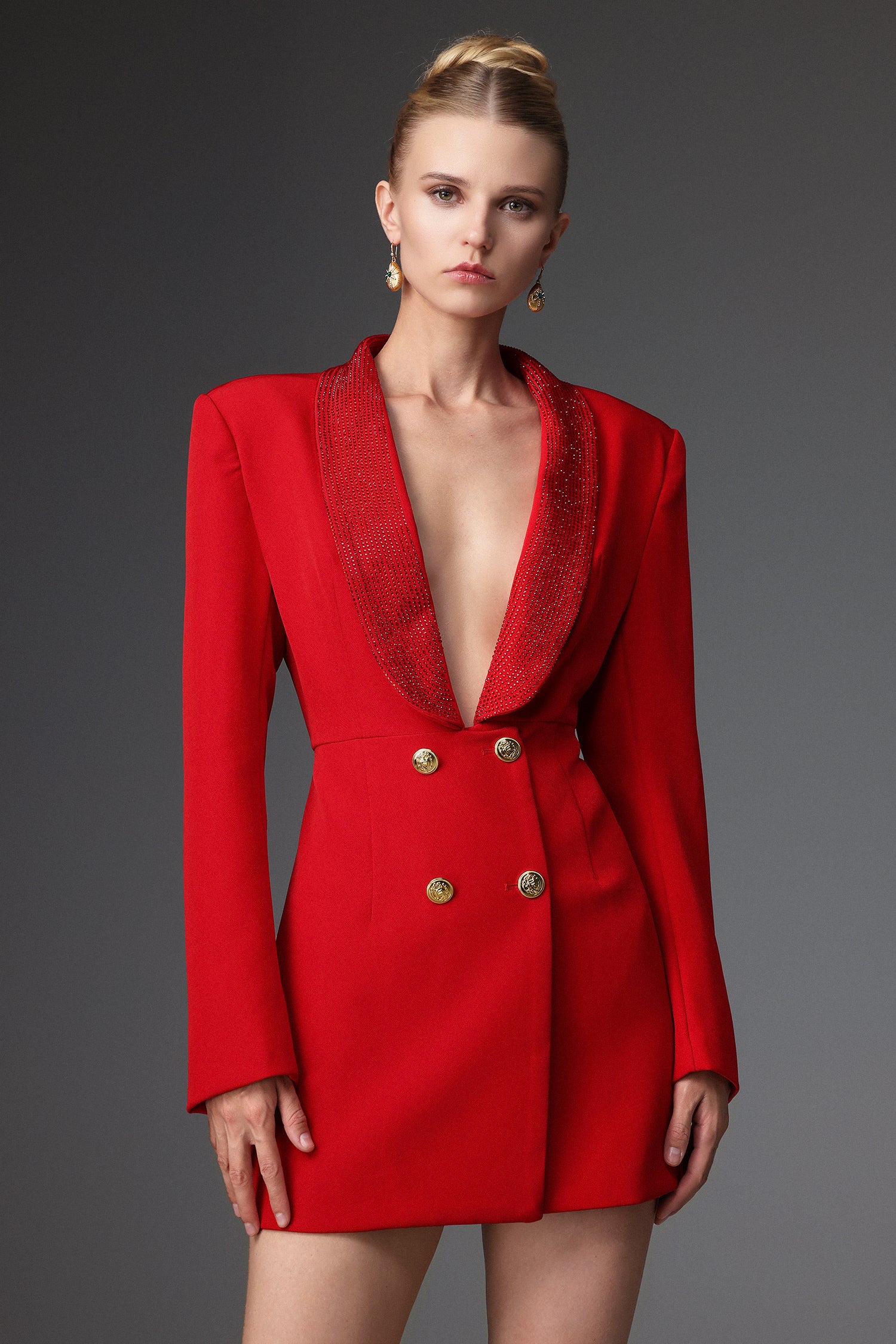 Rey Sexy Tailored Long Sleeve Deep V Rhinestone Lapel Blazer Dress