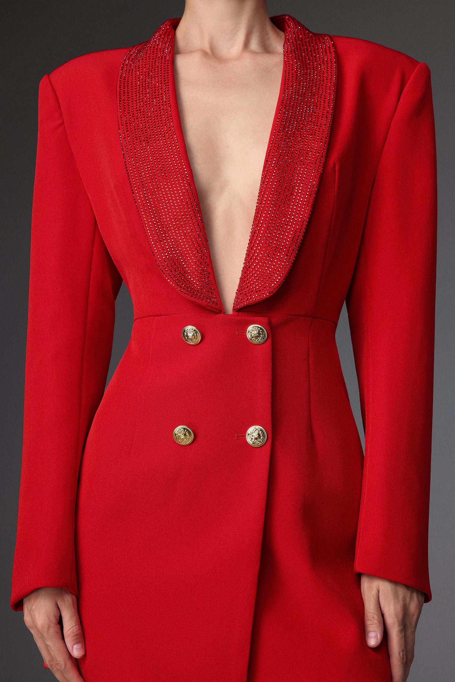 Rey Sexy Tailored Long Sleeve Deep V Rhinestone Lapel Blazer Dress