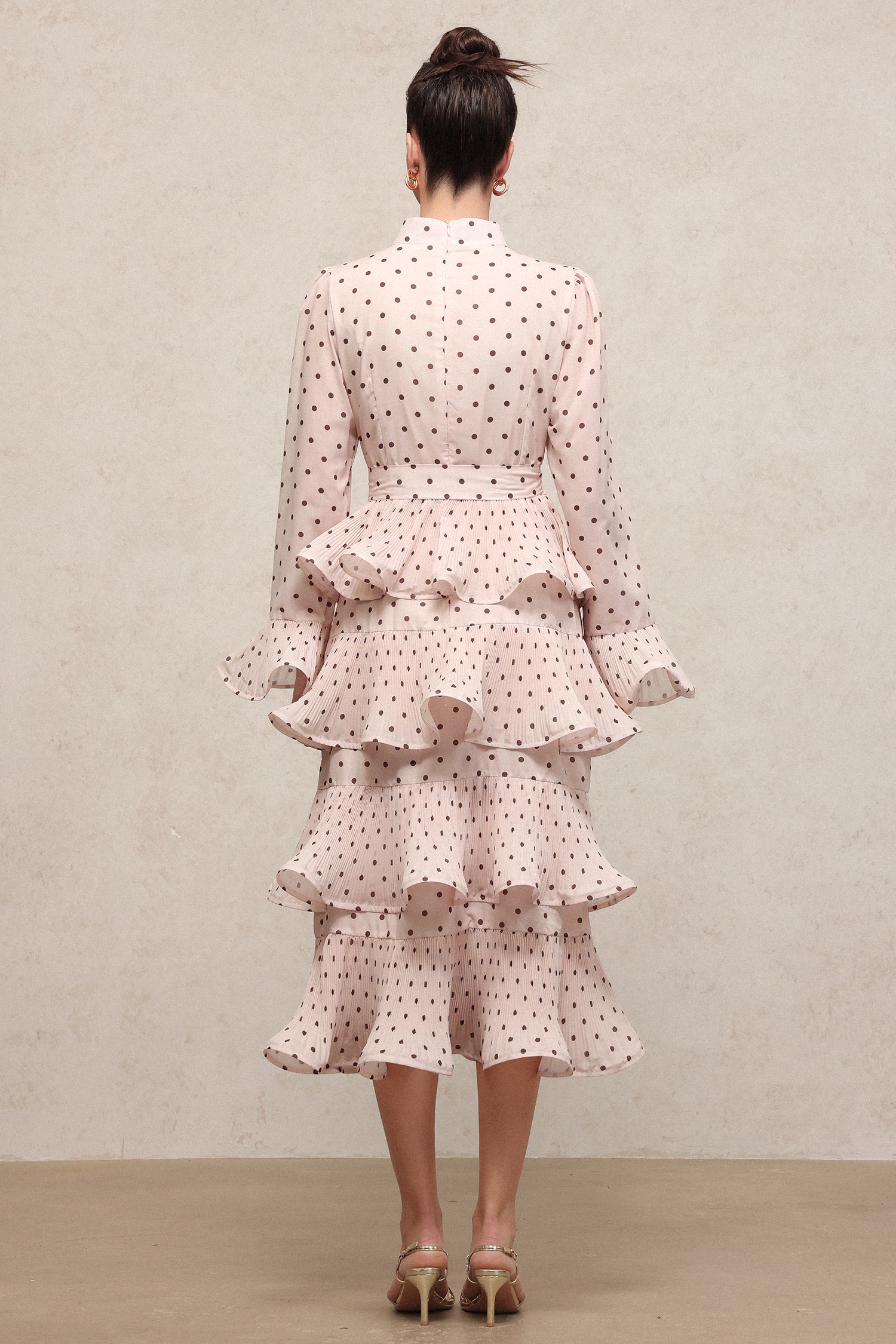 Minerva Resort Flowy Long Sleeve Polka Dot Printed Falbala Pleated Woven Midi Dress