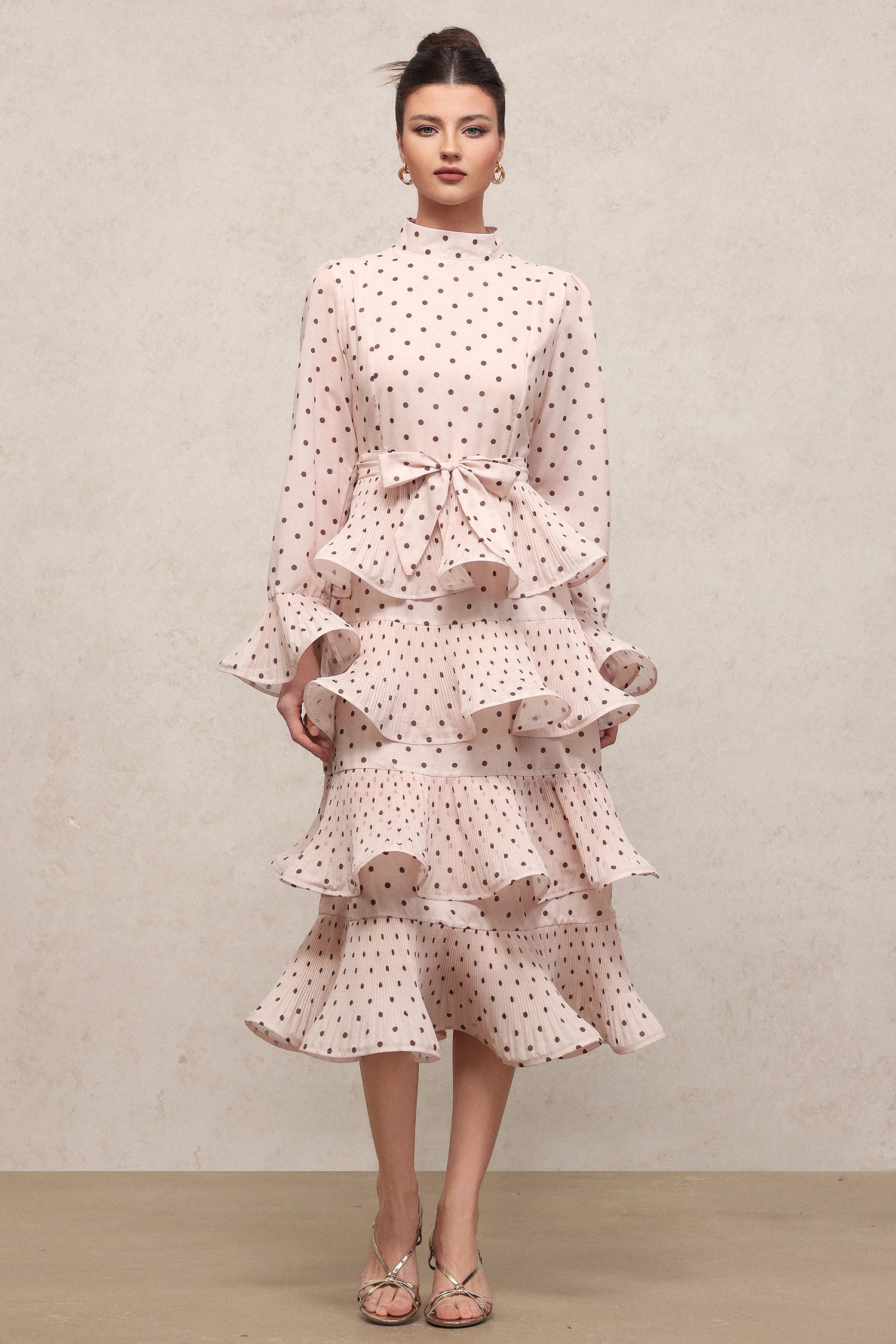 Minerva Resort Flowy Long Sleeve Polka Dot Printed Falbala Pleated Woven Midi Dress