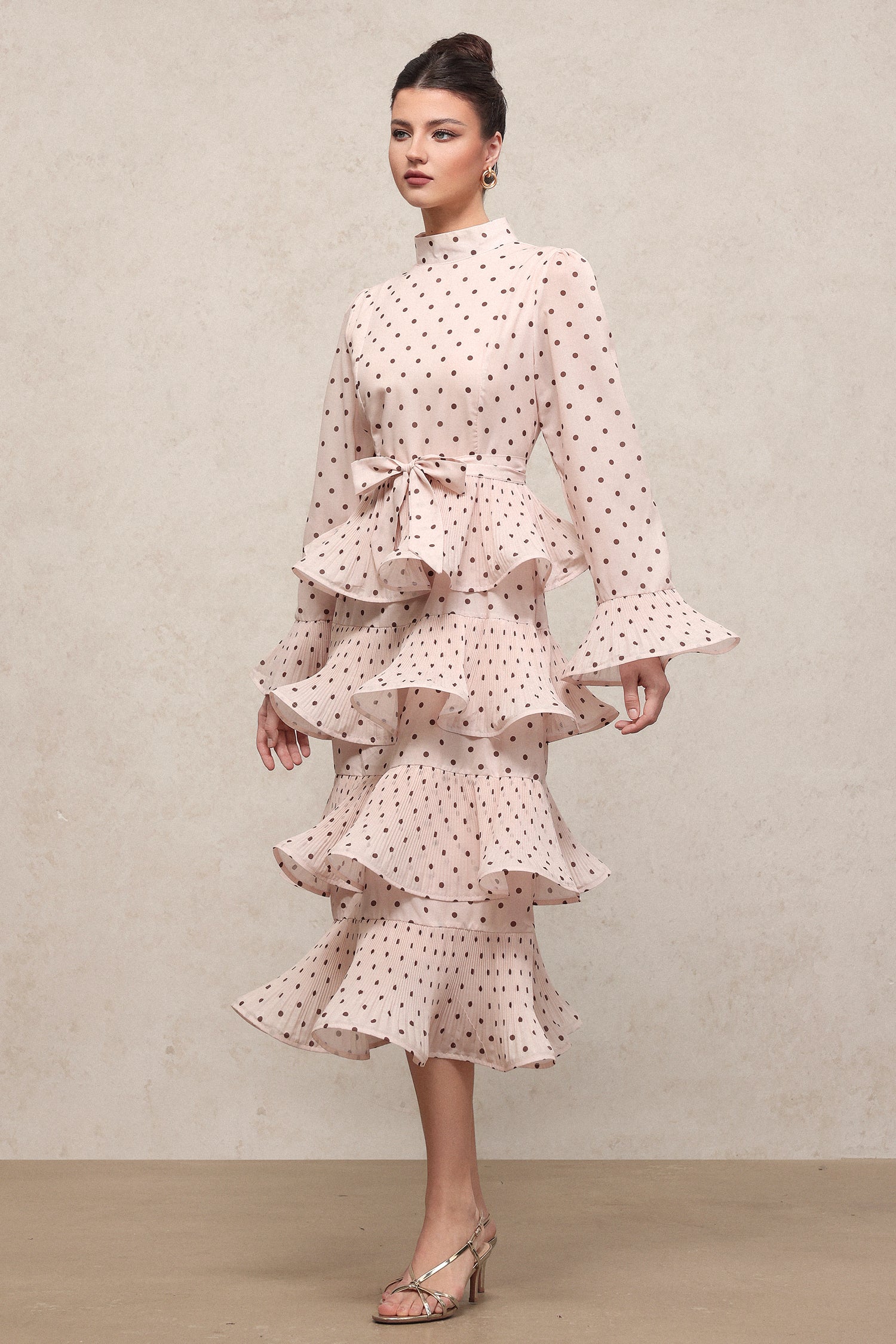 Minerva Resort Flowy Long Sleeve Polka Dot Printed Falbala Pleated Woven Midi Dress