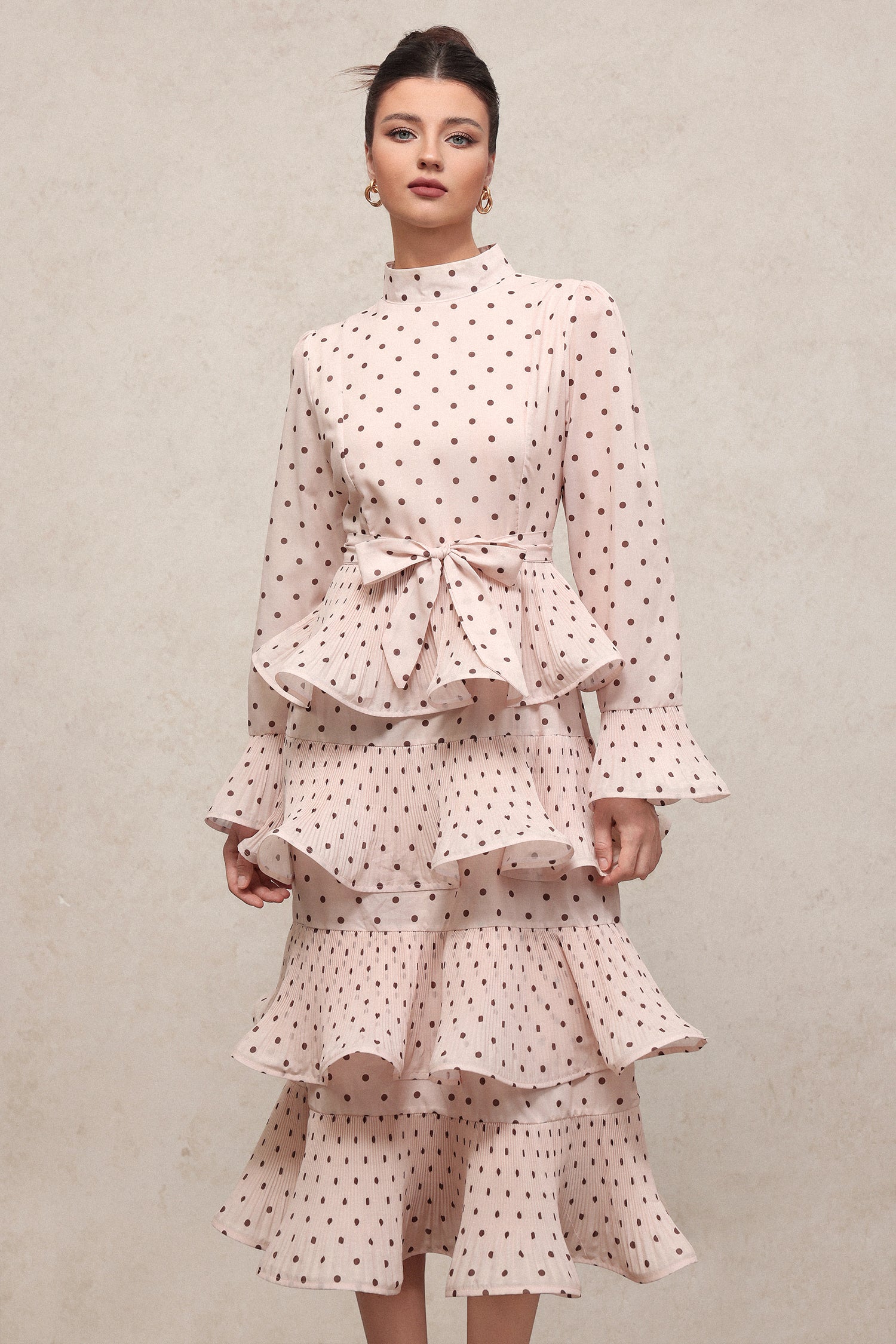 Minerva Resort Flowy Long Sleeve Polka Dot Printed Falbala Pleated Woven Midi Dress