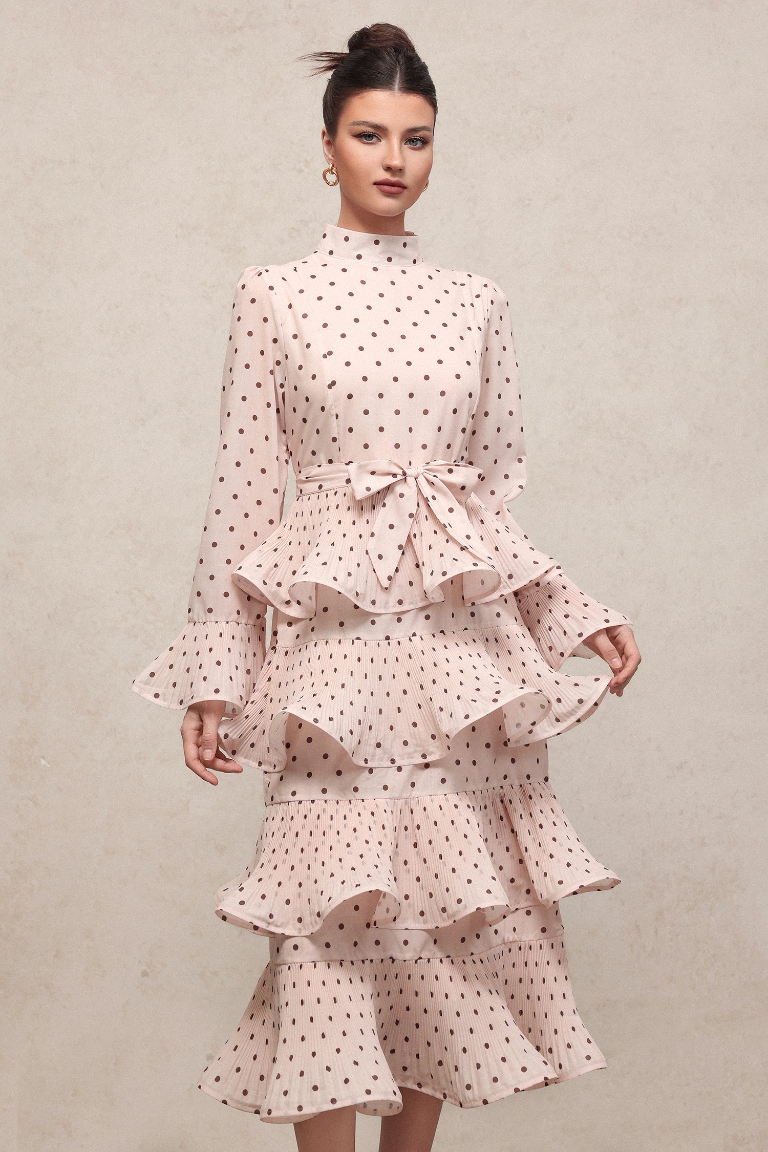 Minerva Resort Flowy Long Sleeve Polka Dot Printed Falbala Pleated Woven Midi Dress
