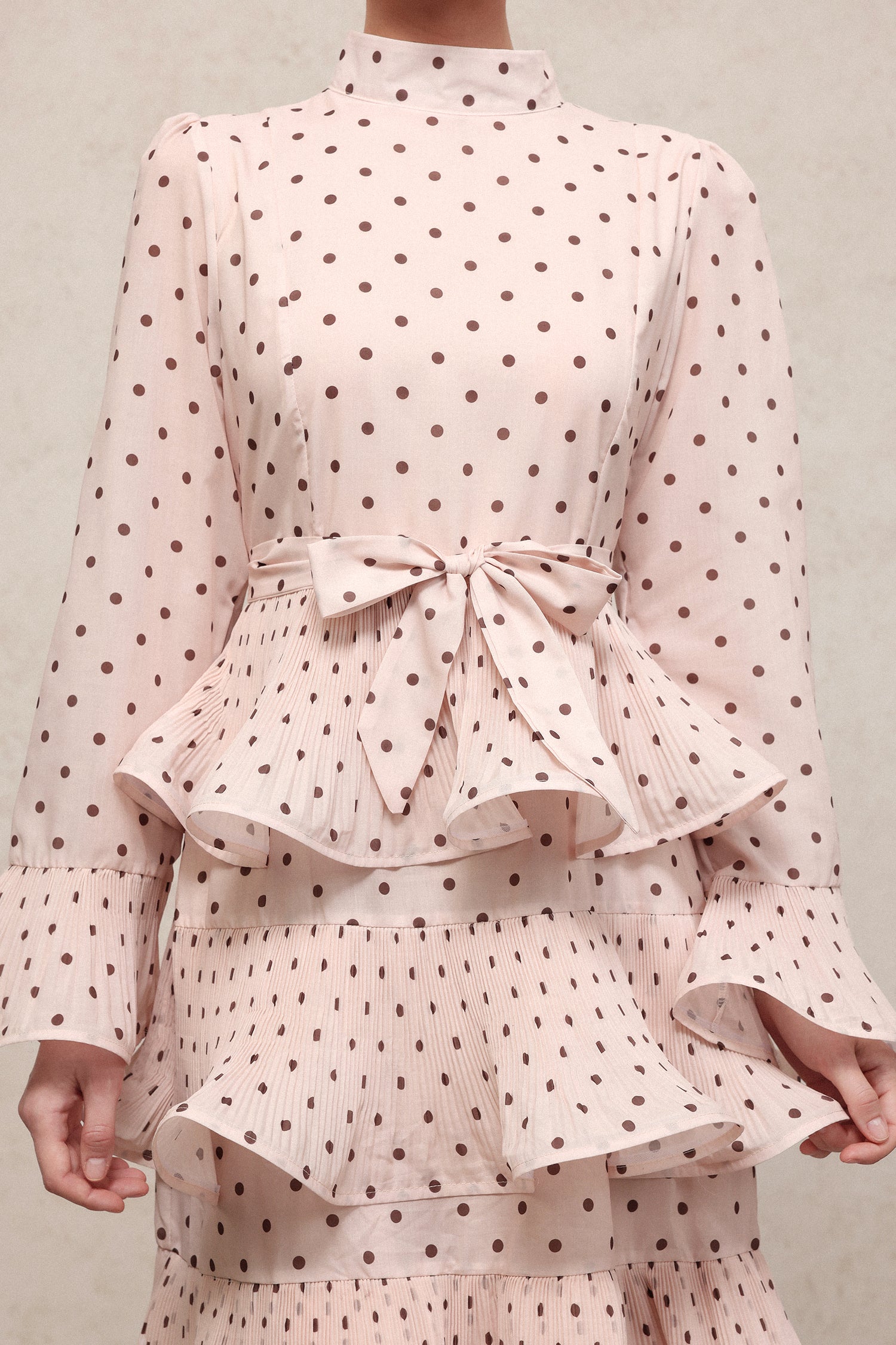 Minerva Resort Flowy Long Sleeve Polka Dot Printed Falbala Pleated Woven Midi Dress