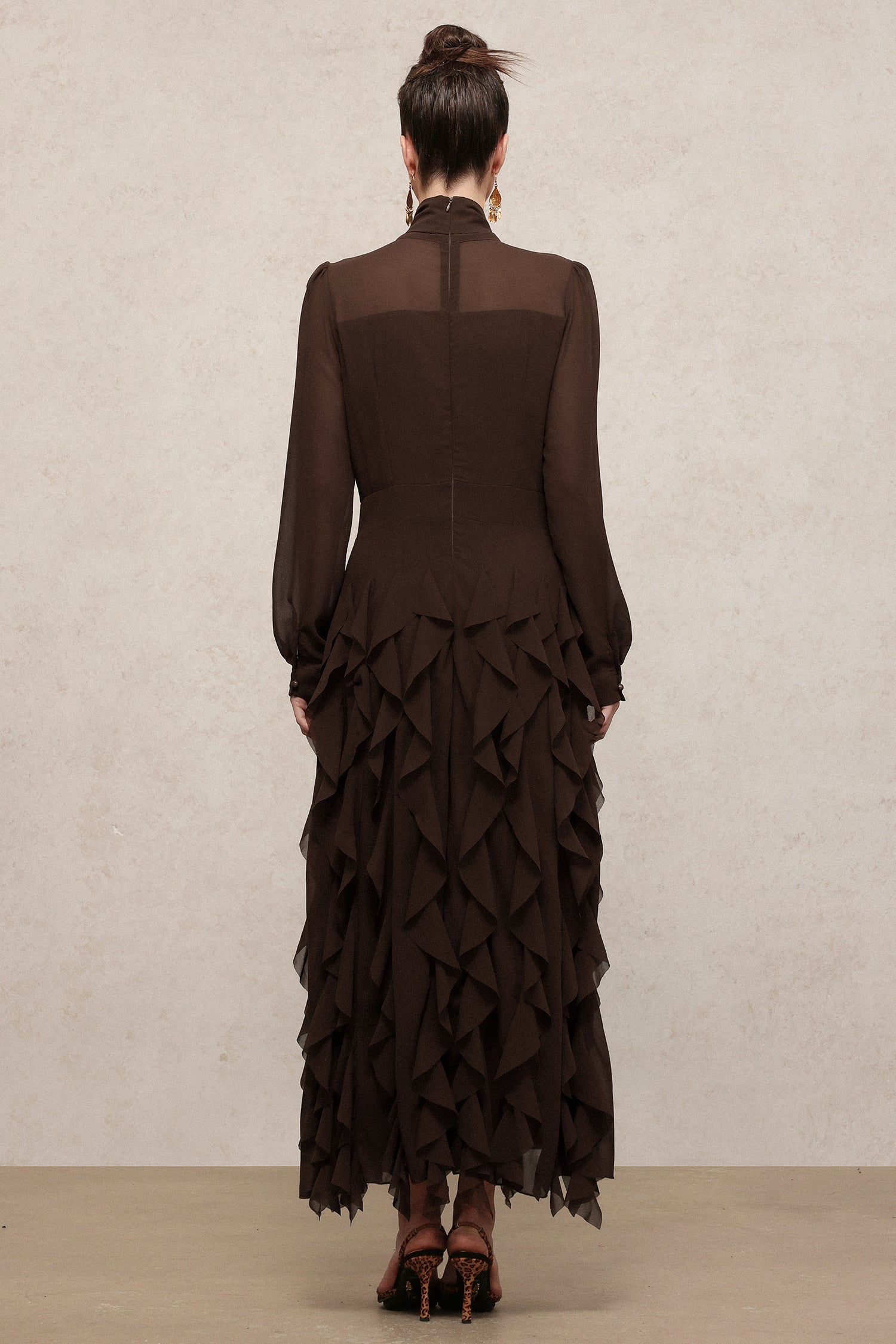 Nettie Elegant Flowy Long Sleeve Beaded Chain Falbala Maxi Dress