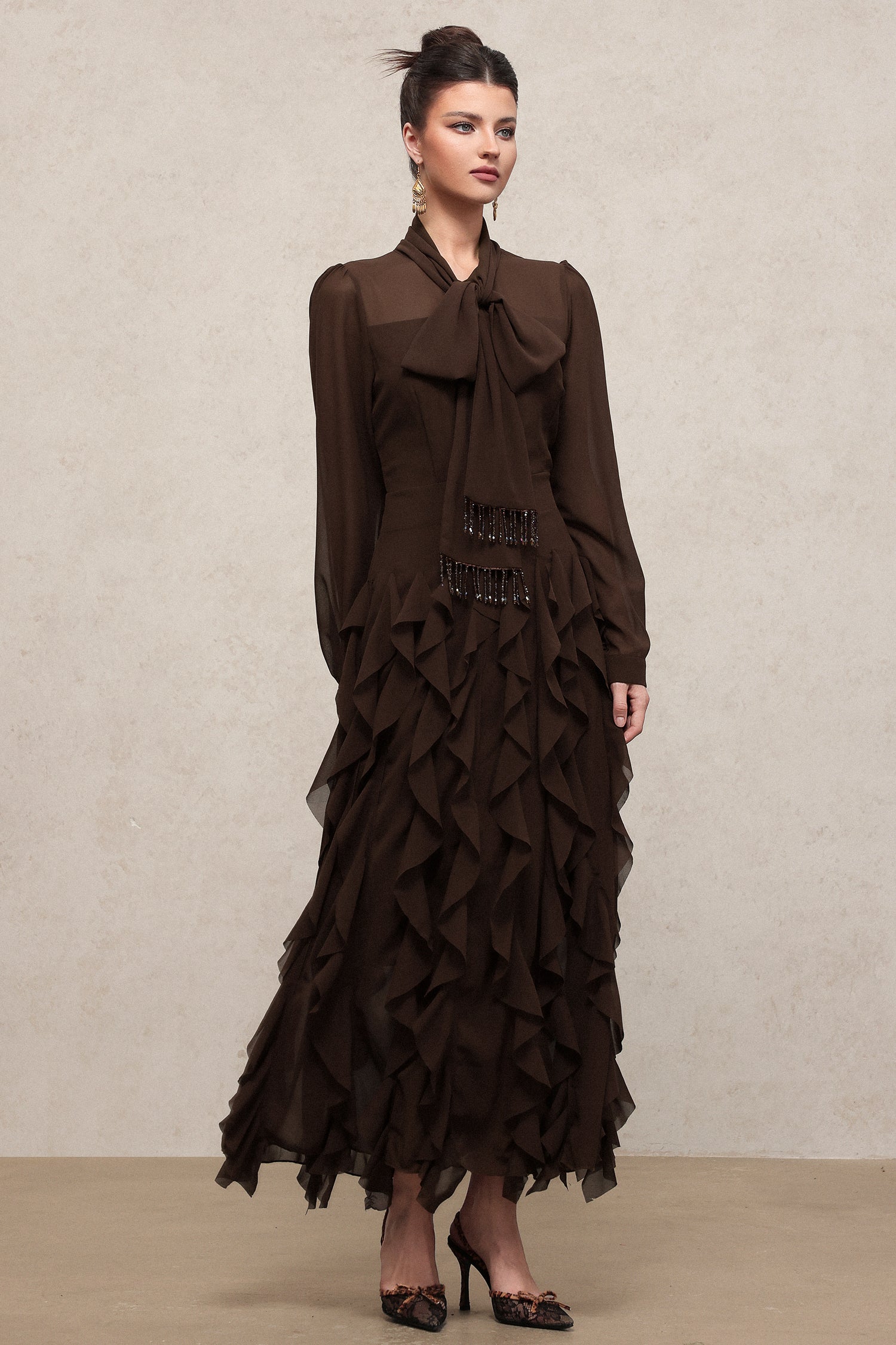 Nettie Elegant Flowy Long Sleeve Beaded Chain Falbala Maxi Dress