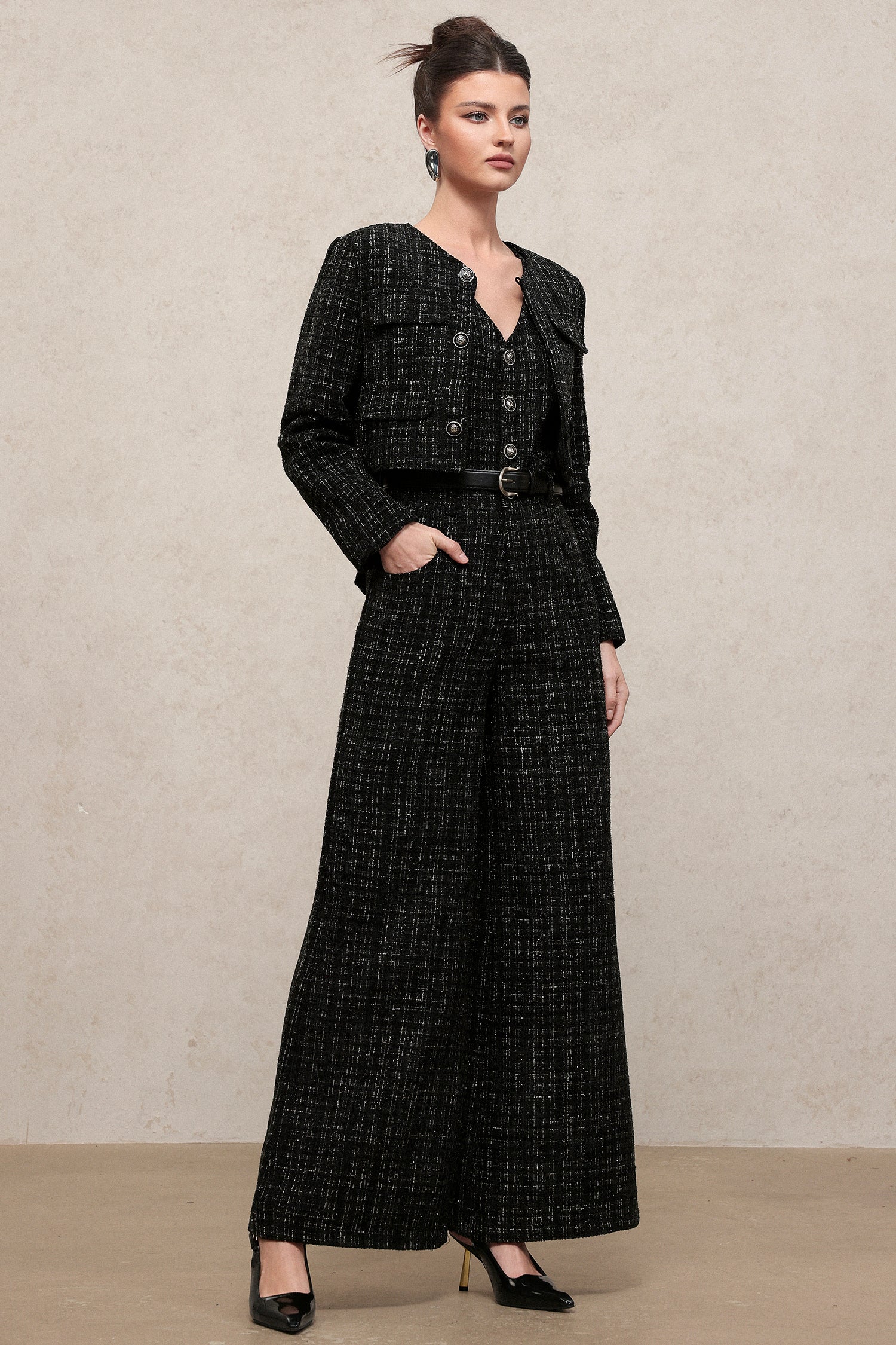 Zerasa Classic Tailored Long Sleeve Blazer And Sleeveless Jumpsuit Woven Two-Piece Set