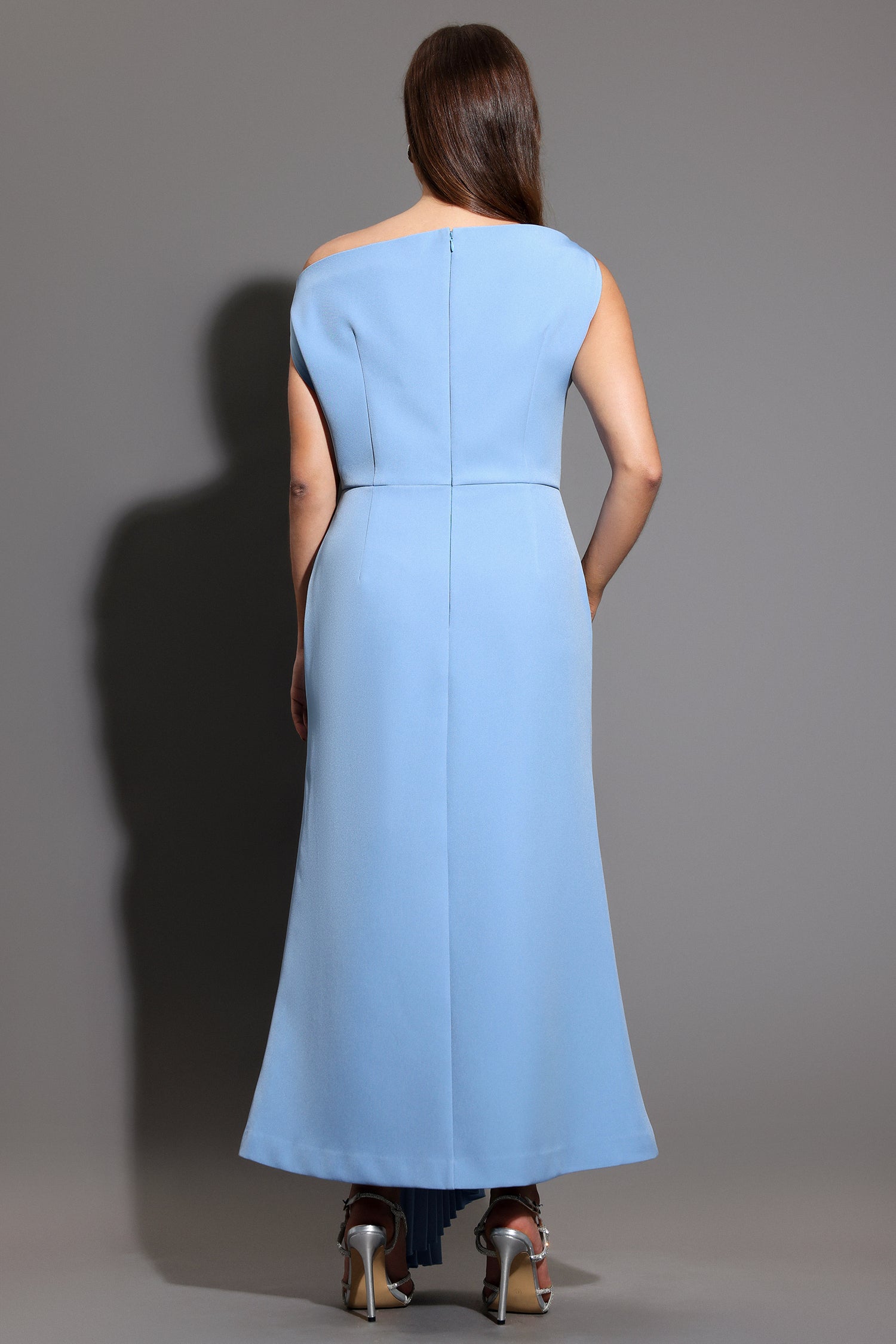Paulina Oblique Shoulder Sleeveless Folds Blue Midi Dress