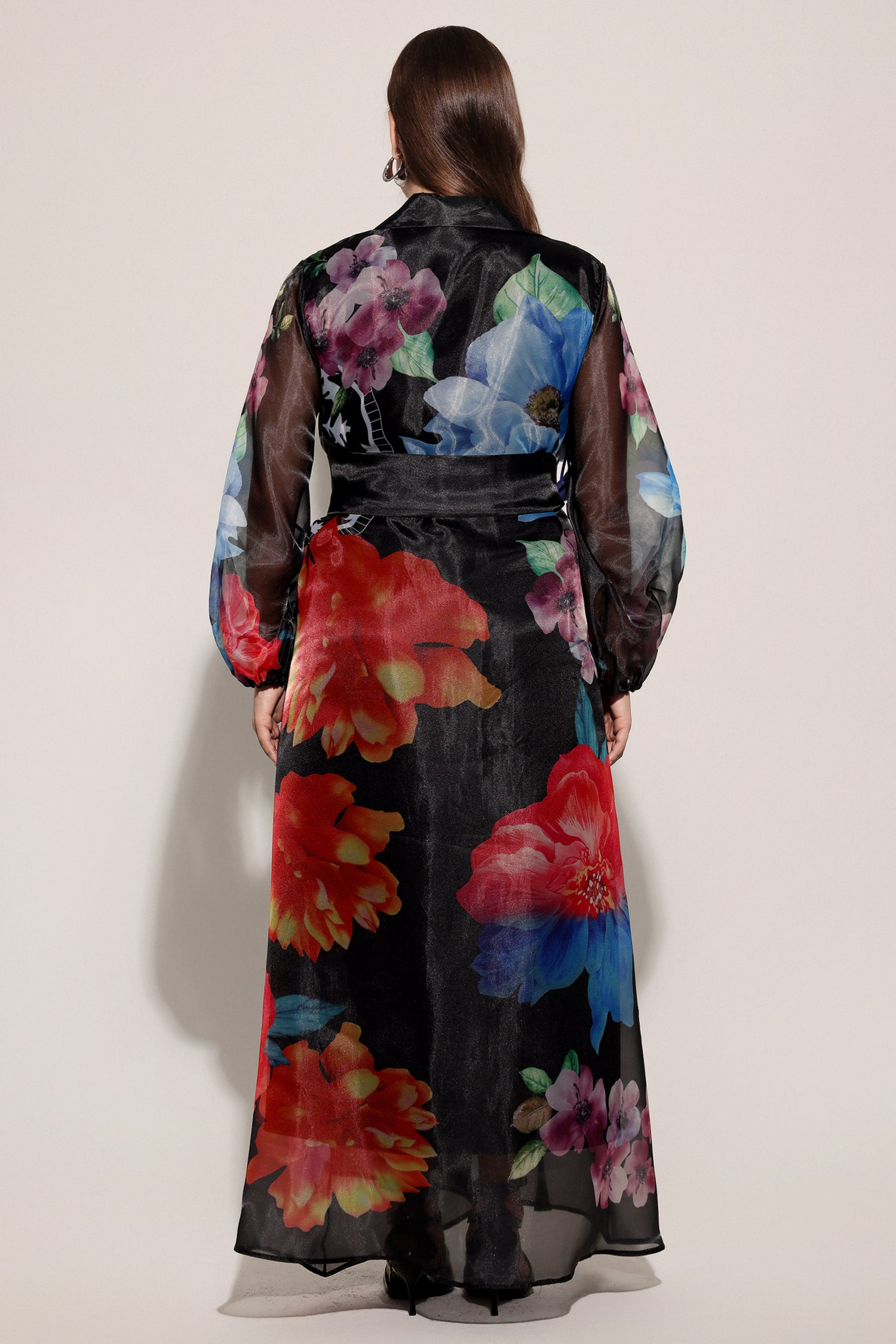 Farrah Lapel Long Sleeves Flowers Printed Maxi Dress