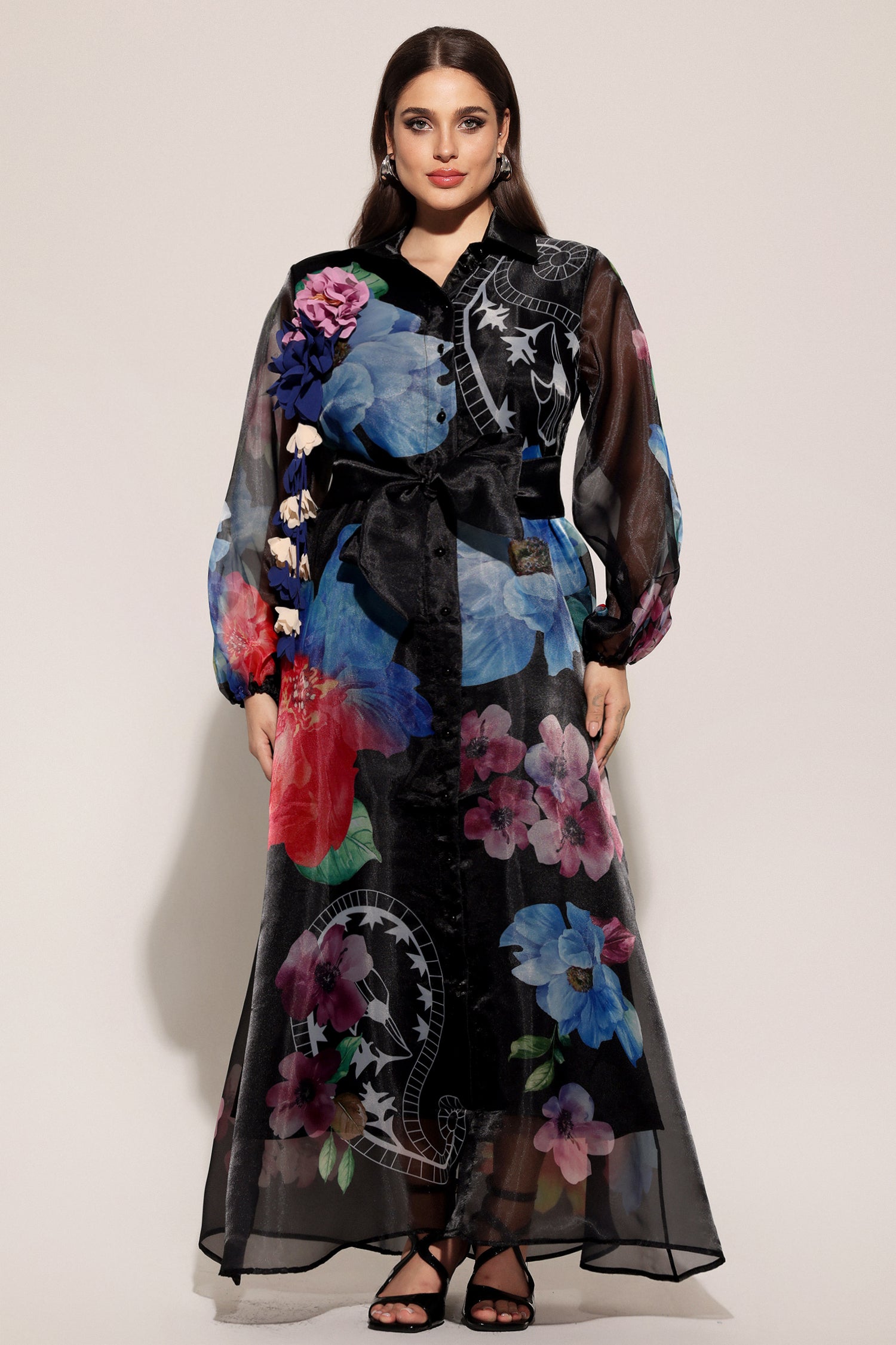 Farrah Lapel Long Sleeves Flowers Printed Maxi Dress